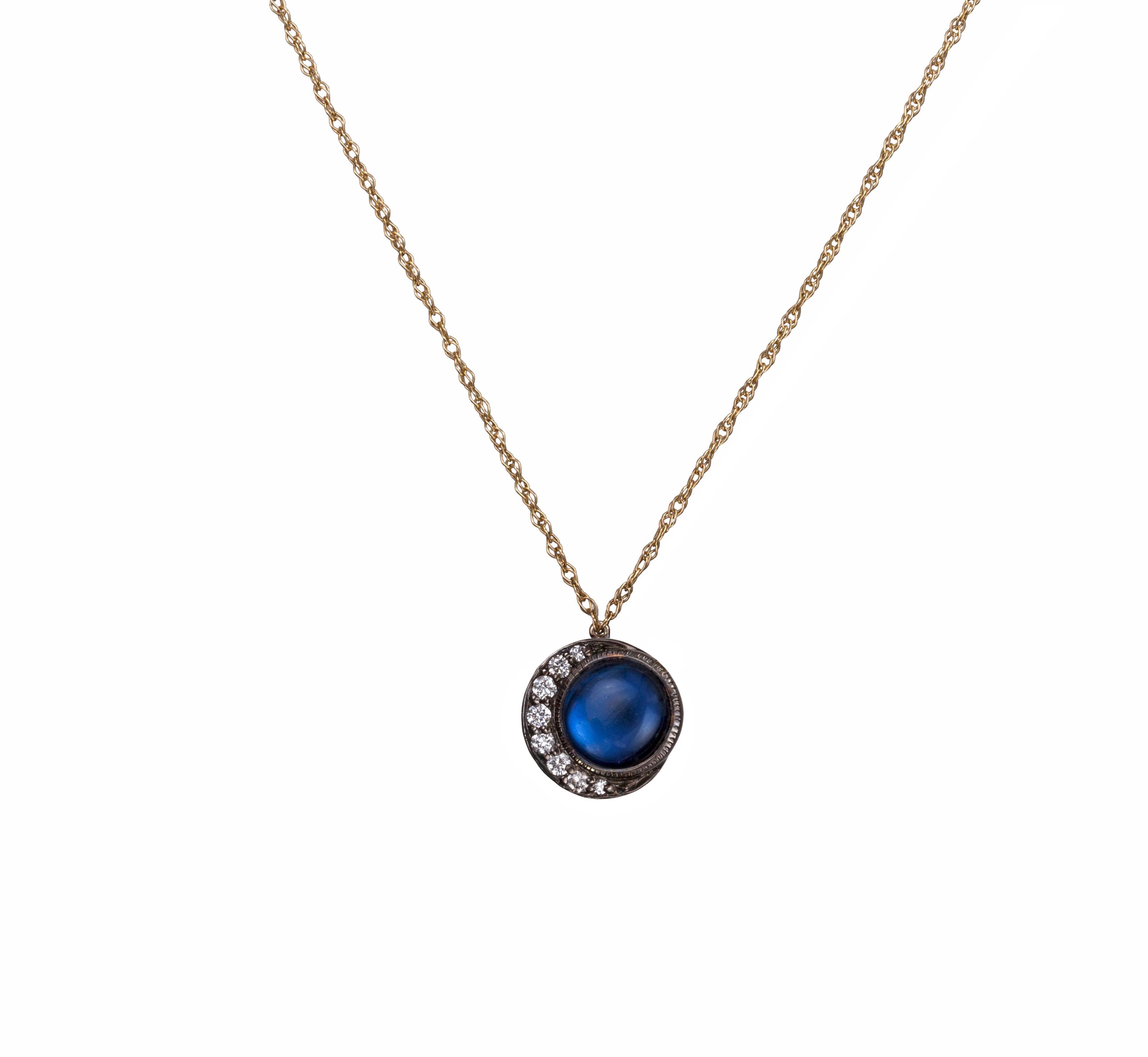 Round Cut Full Blue Moon Necklace, Gold, Diamonds, Moonstone For Sale