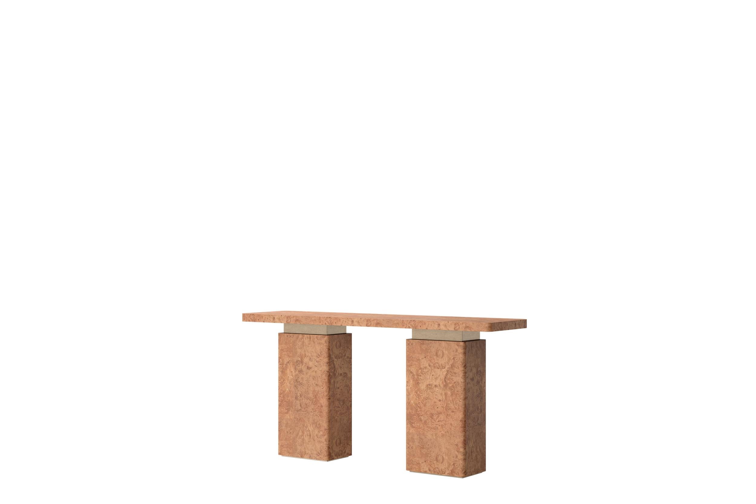 Textured Chestnut Burl Wood Console with Bronze Finish Spacers by Ultramobili Posmoderno en venta