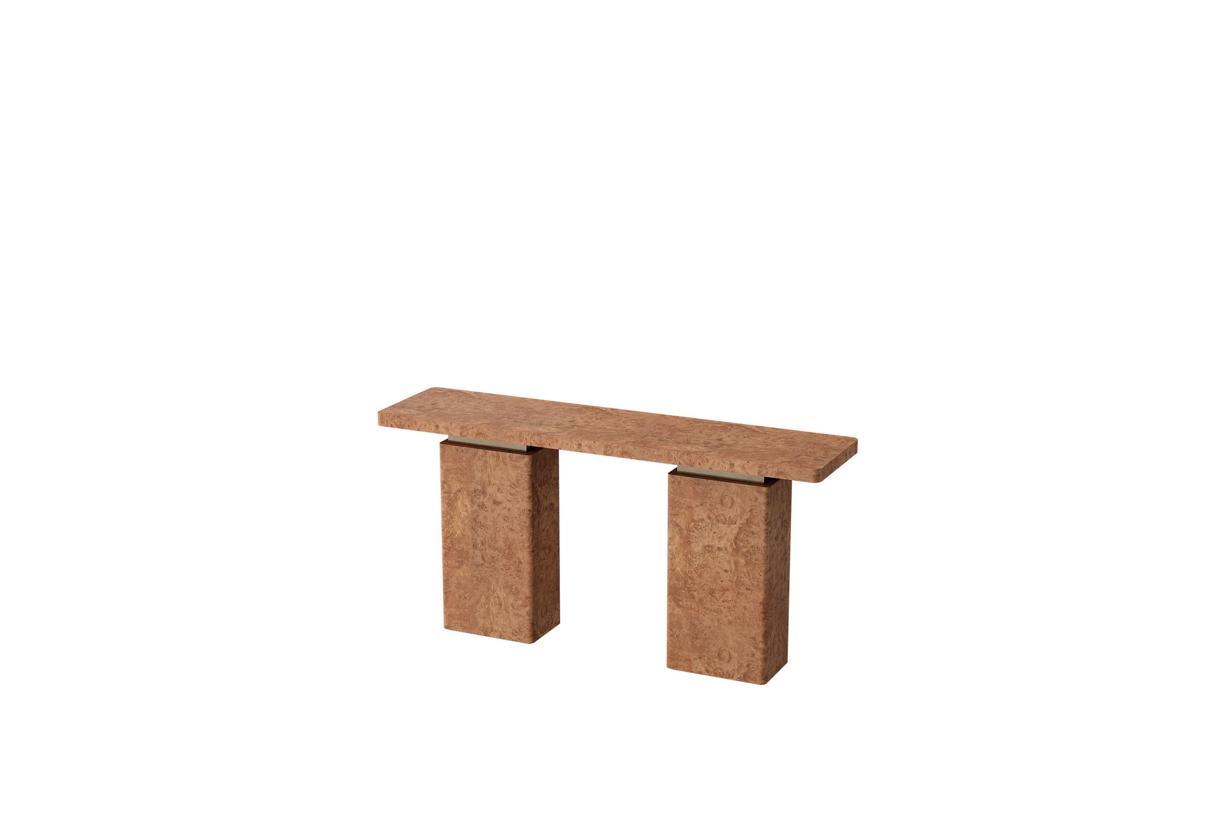 Textured Chestnut Burl Wood Console with Bronze Finish Spacers by Ultramobili Italiano en venta