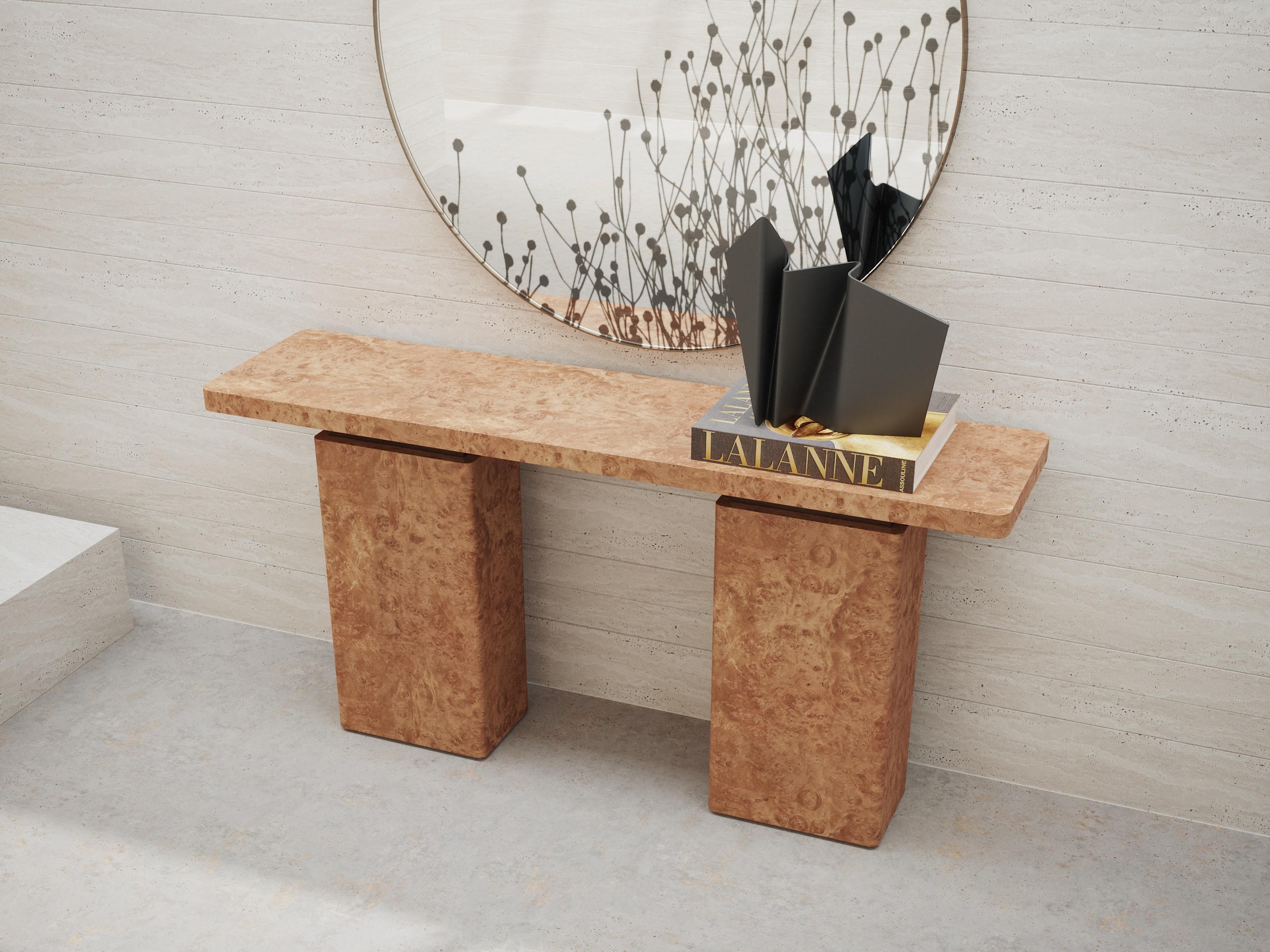 Textured Chestnut Burl Wood Console with Bronze Finish Spacers by Ultramobili en Nuevo estado para la venta en Geneve, CH