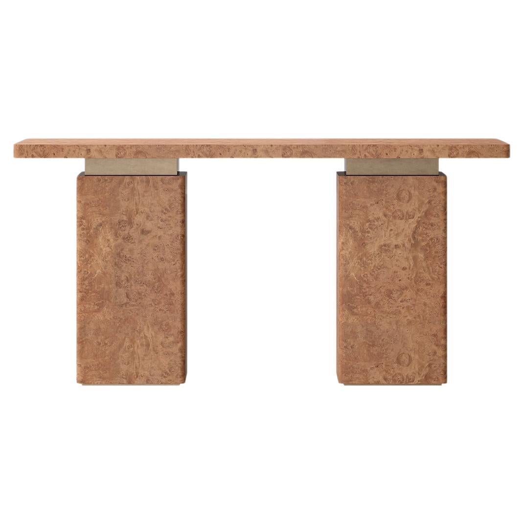 Textured Chestnut Burl Wood Console with Bronze Finish Spacers by Ultramobili en venta