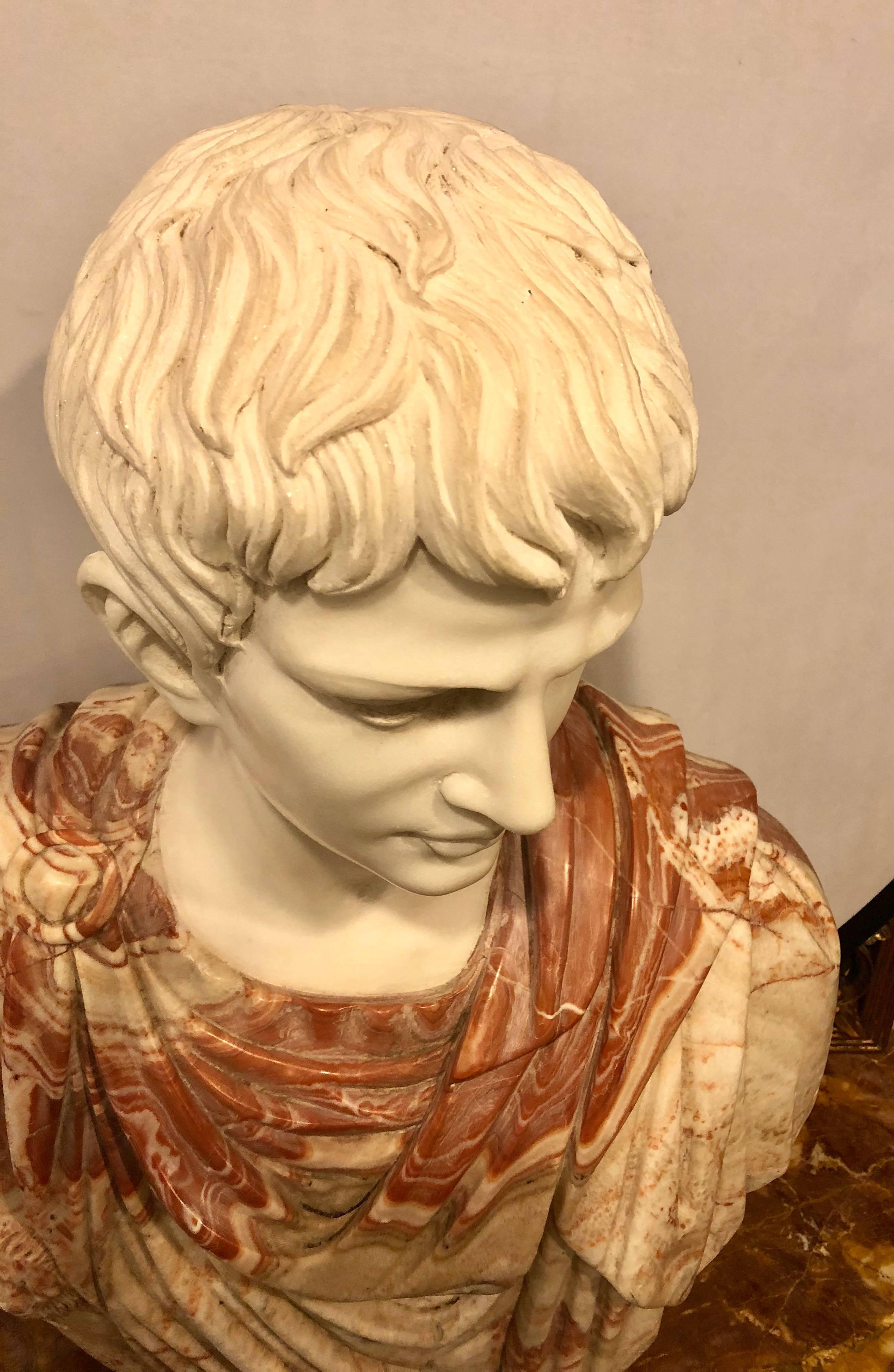 Greco Roman Full Colorful Marble Bust of a Young Roman