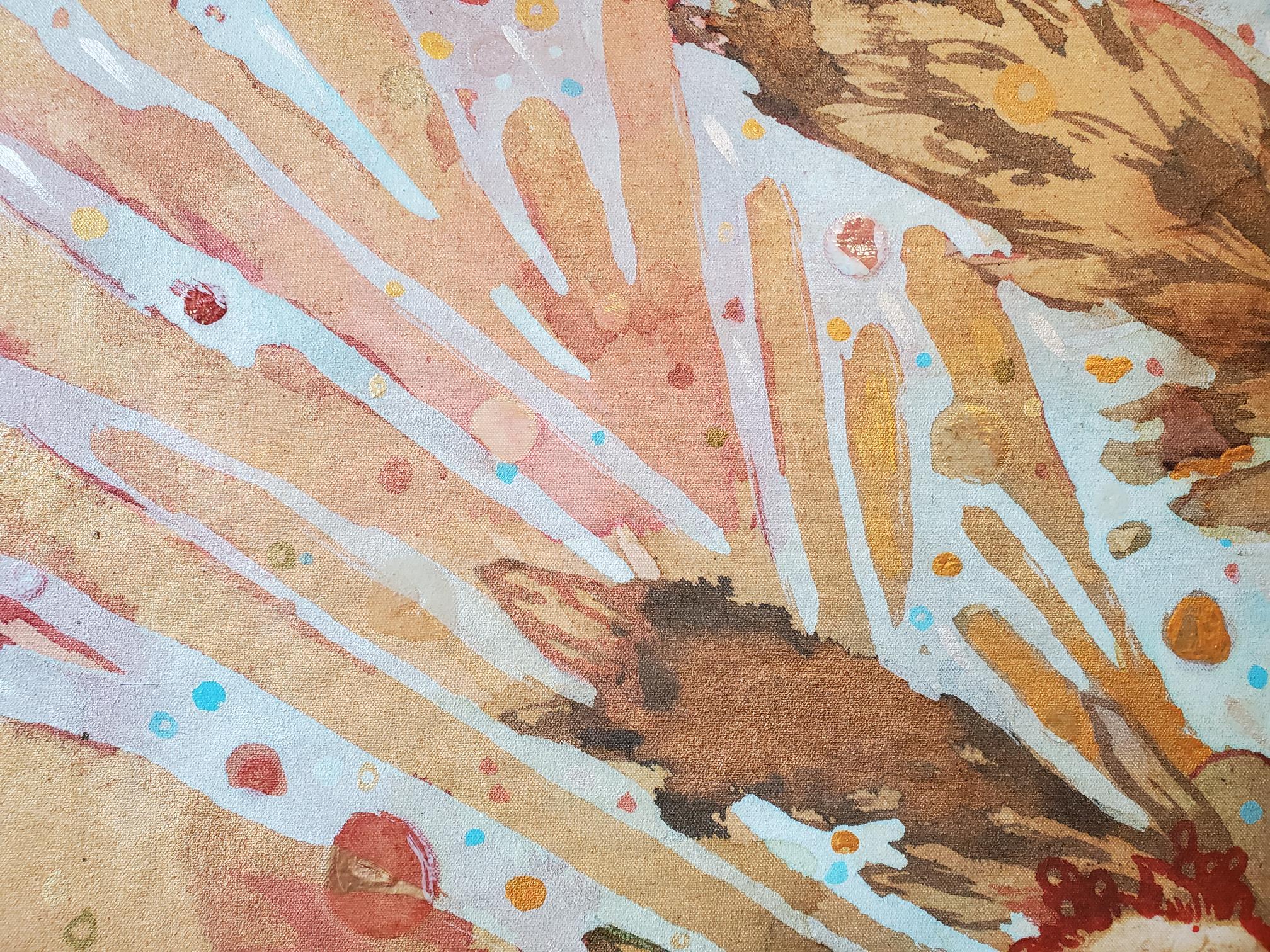 CROWN (2024) von Lowell Boyer ist ein lebhaftes Fest der Farben, Formen und philosophischen Fragen.  Eine fröhliche Mischung aus verwaschenen Goldtönen, zartem Rosa, Mauve, Lavendel, Grün und Blau, unterbrochen von kühnen schwarzen Strichen,