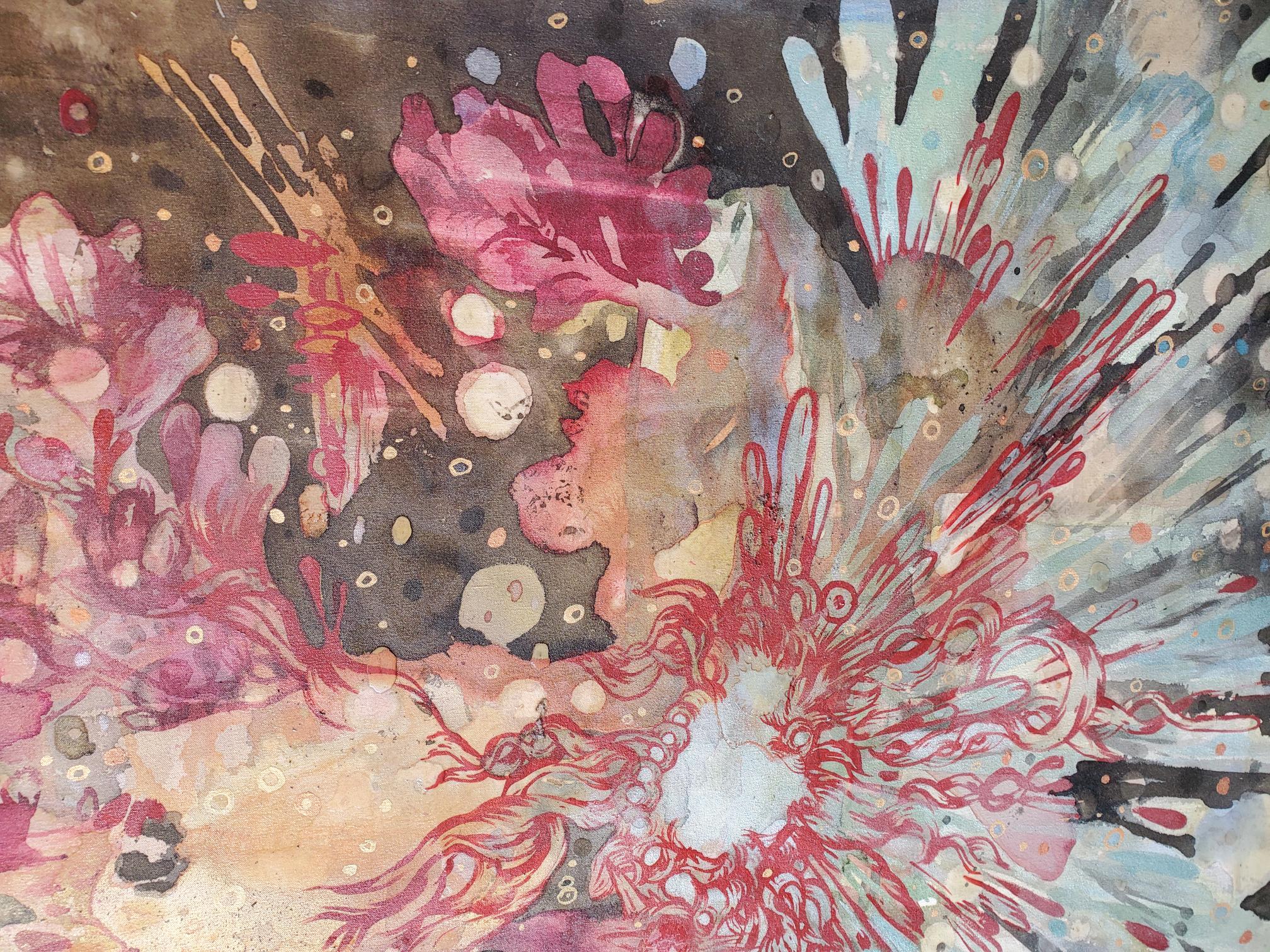 Full Cup (2023) by Lowell Boyers
A Large Vertical Abstract Painting

Full Cup (2023) by Lowell Boyers is a luminous, high-energy vertical composition—an explosion of color that feels both intimate and cosmic. Against a rich, inky ground of black and
