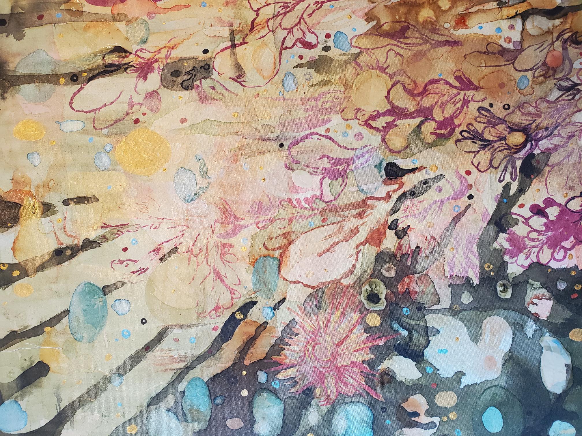 
Full Cup Golden (2025)
A Large Abstract Painting by Lowell Boyers

Full Cup Golden is a striking, immersive vertical painting by New York-based artist Lowell Boyers. In this 2025 work, a vivid burst of ochre, deep pinks, and mauves blooms from the