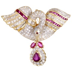 Full Diamond and Ruby 18 Karat Yellow Gold Swan Pendant or Brooch