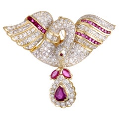 Full Diamond and Ruby Yellow Gold Swan Pendant or Brooch