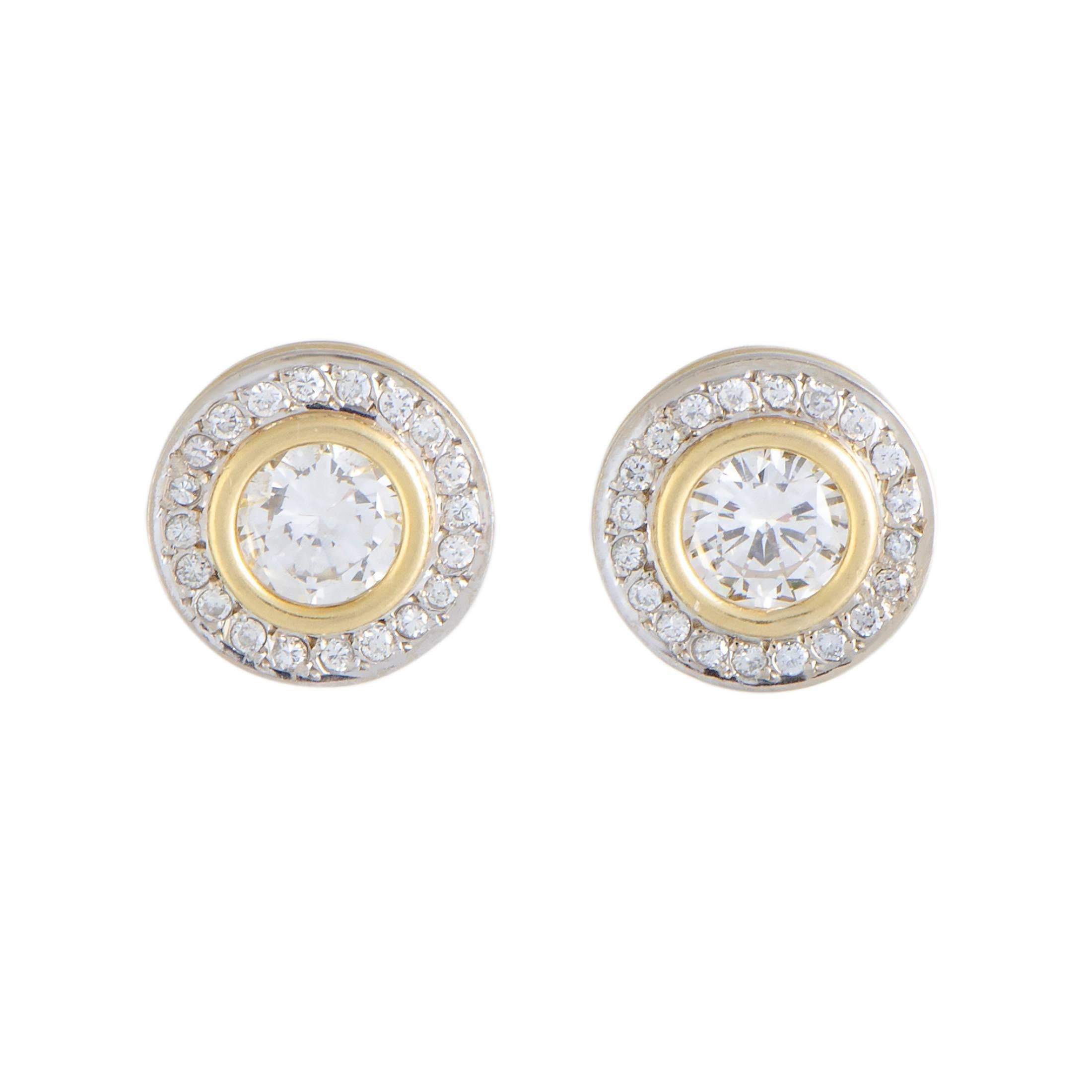 Full Diamond Pave Round Yellow and White Gold Stud Earrings