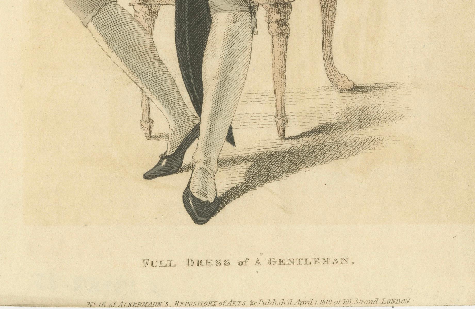 La tenue complète d'un gentleman : L'élégance de l'époque de la Régence chez Ackermann's Repository  

Cette gravure raffinée, coloriée à la main et datant du 1er avril 1810, est la planche 26 du volume 3 du Ackermann's Repository of Arts, un