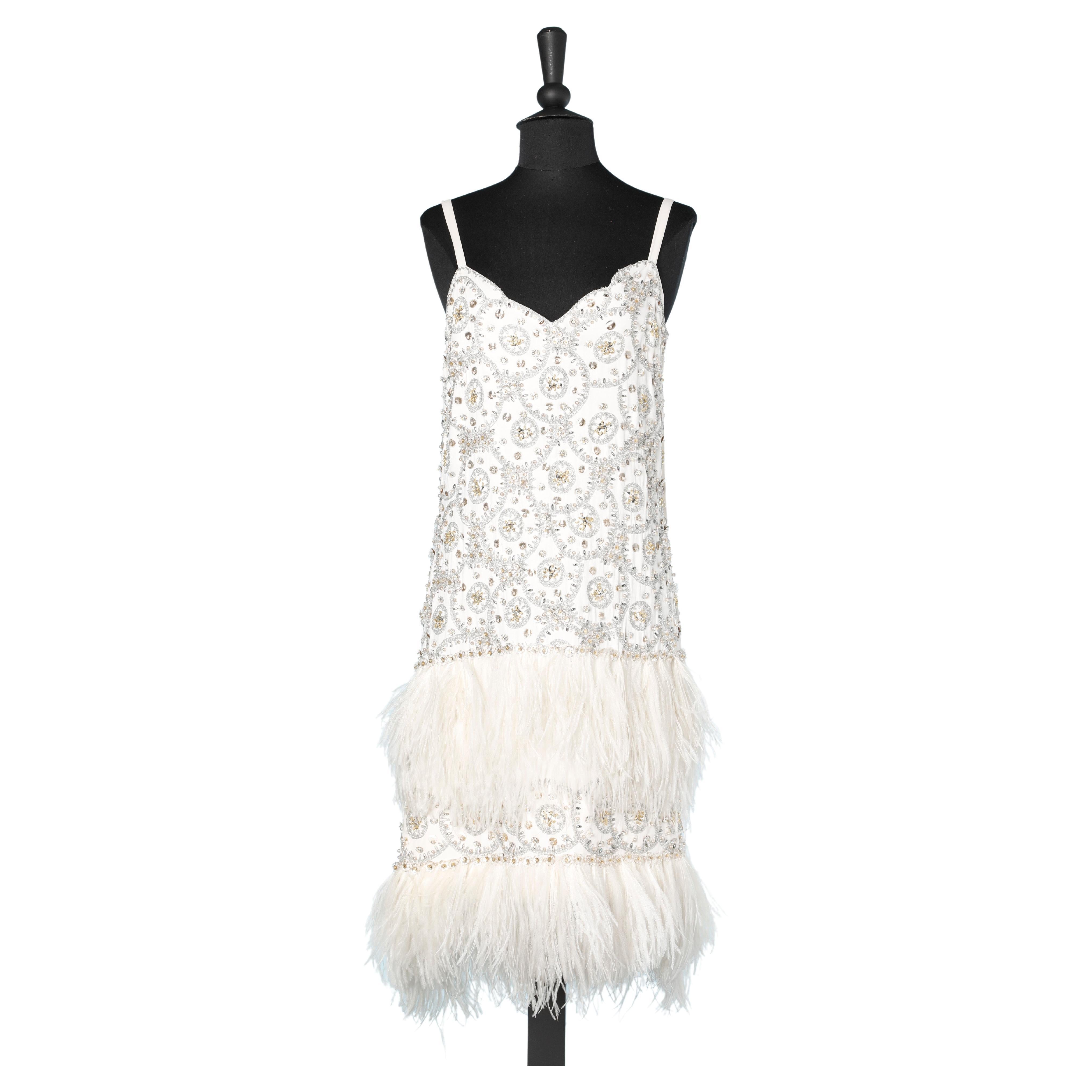 Full embroidered 1960's evening dress with white feathers 
