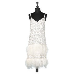 Vintage Full embroidered 1960's evening dress with white feathers 