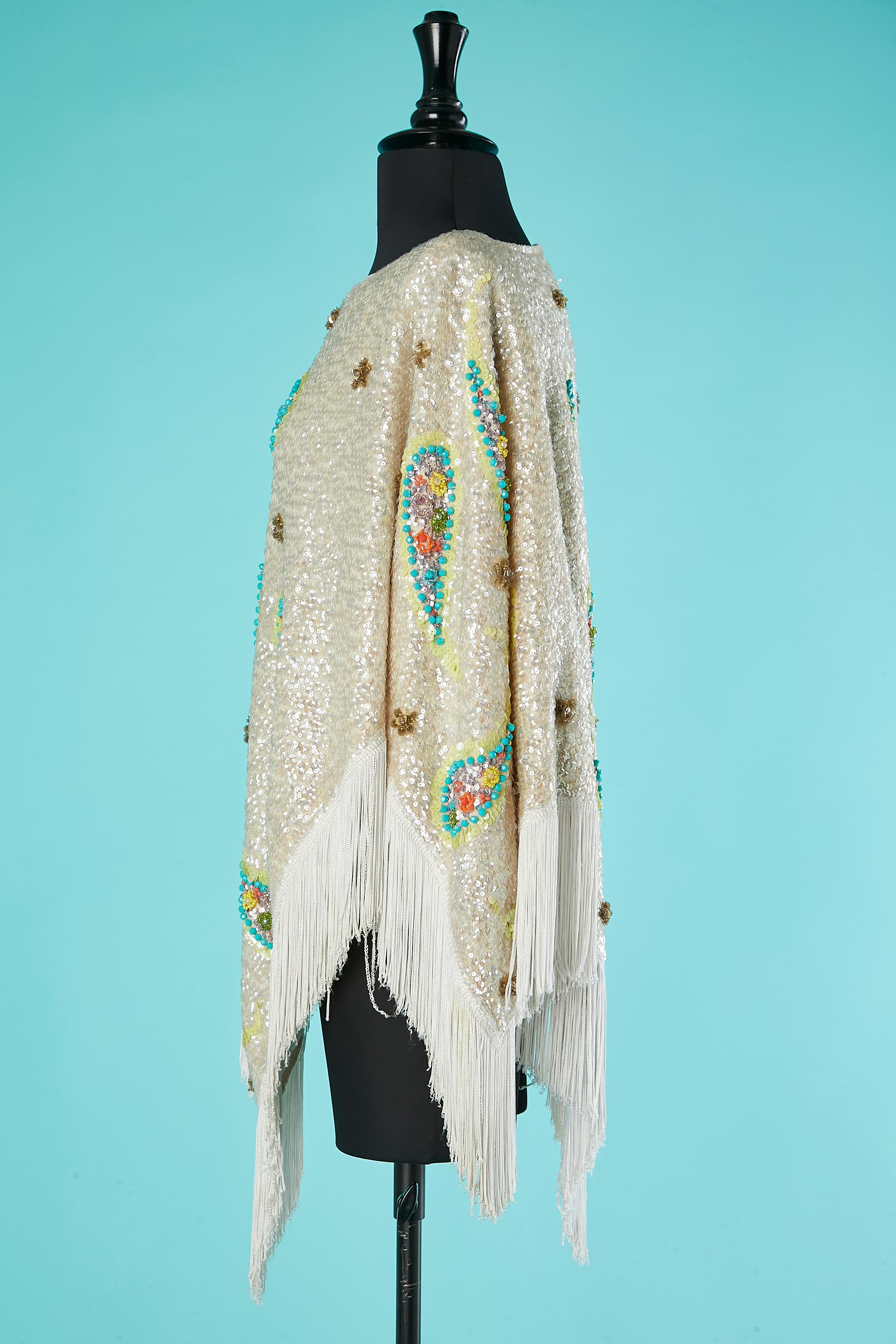 Full embroidered poncho on a knit base ended with threads fringes Saks Fifth Av  For Sale 1