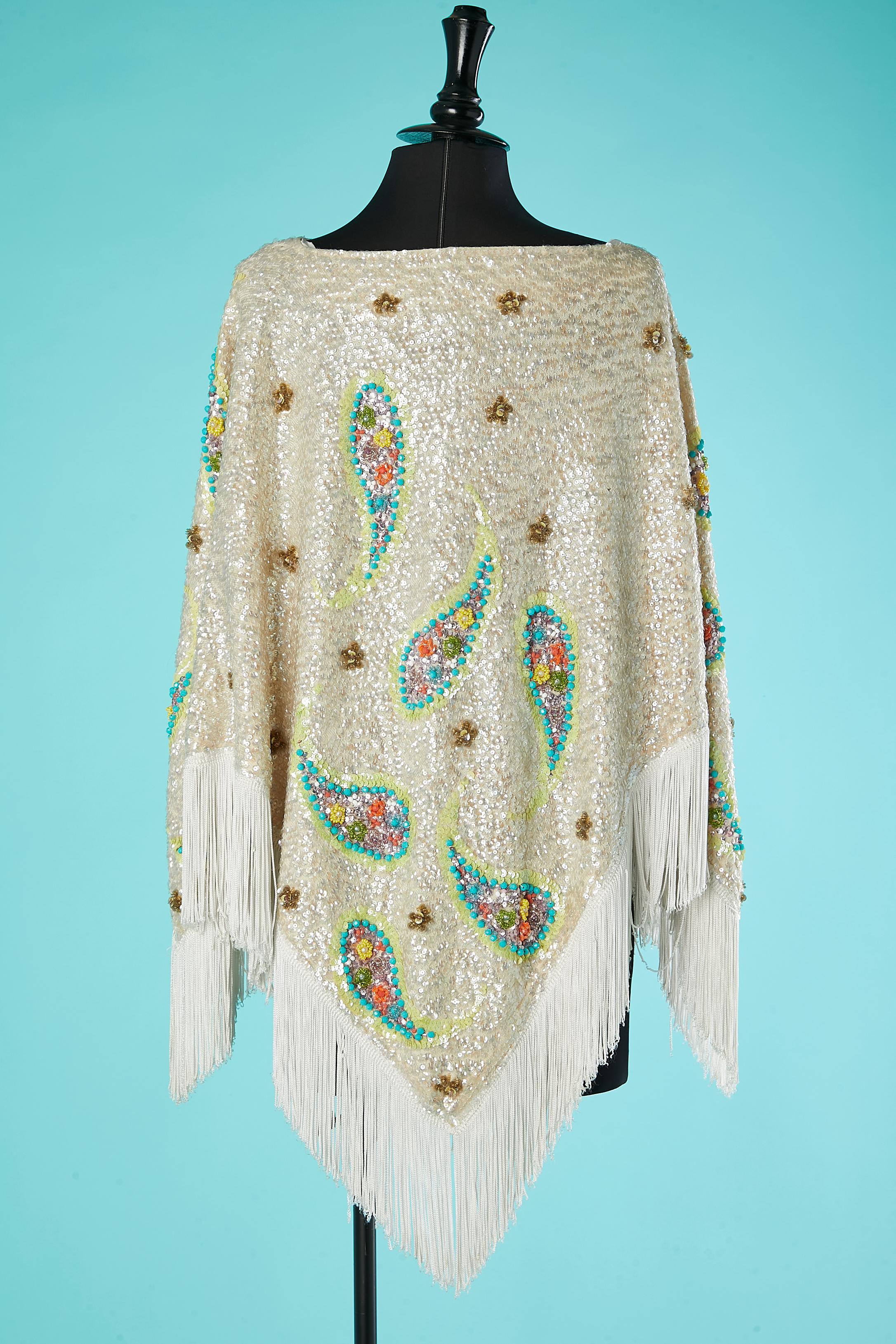 Full embroidered poncho on a knit base ended with threads fringes Saks Fifth Av  For Sale 2