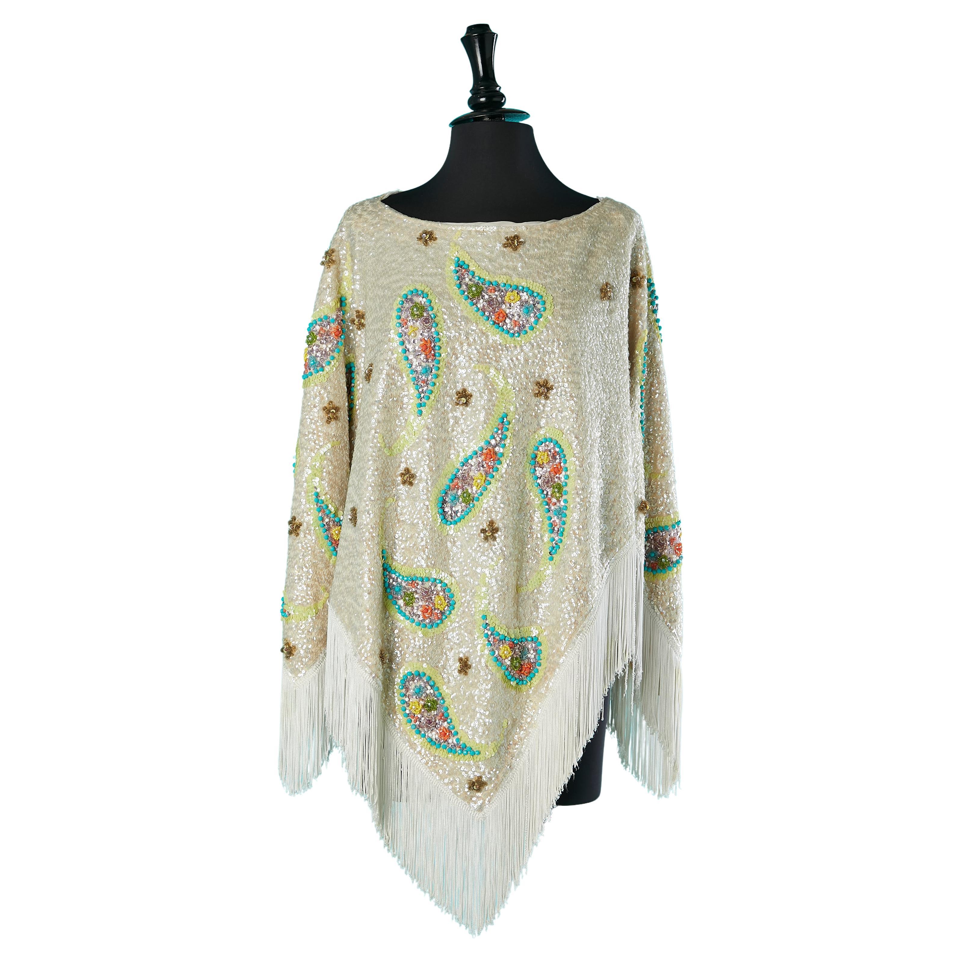 Full embroidered poncho on a knit base ended with threads fringes Saks Fifth Av  For Sale