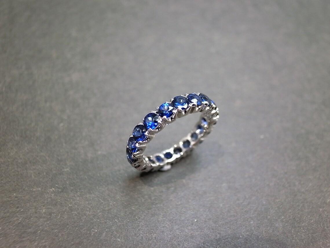 For Sale:  Full Eternity Blue Sapphire Wedding Ring Band in 18K White Gold 7