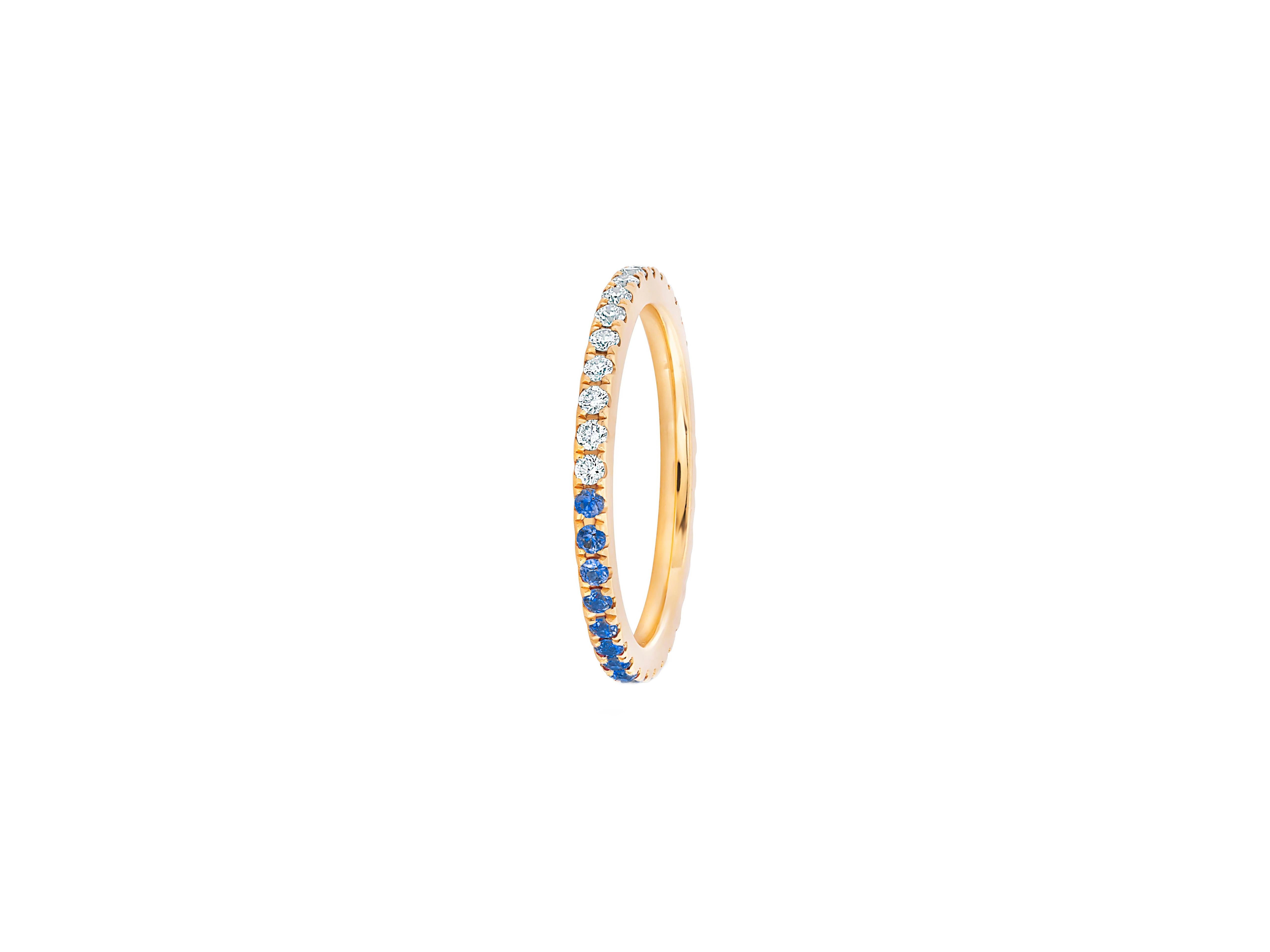 Full eternity moissanite, lab sapphire 14k gold  band.
Ombre Blue Lab Sapphire and Moissanite 14k gold Eternity Band. Mix color eternity 14k gold ring band. Two side wearable eternity ring.

Metal: 14k gold
Weight: 2 gr depends from