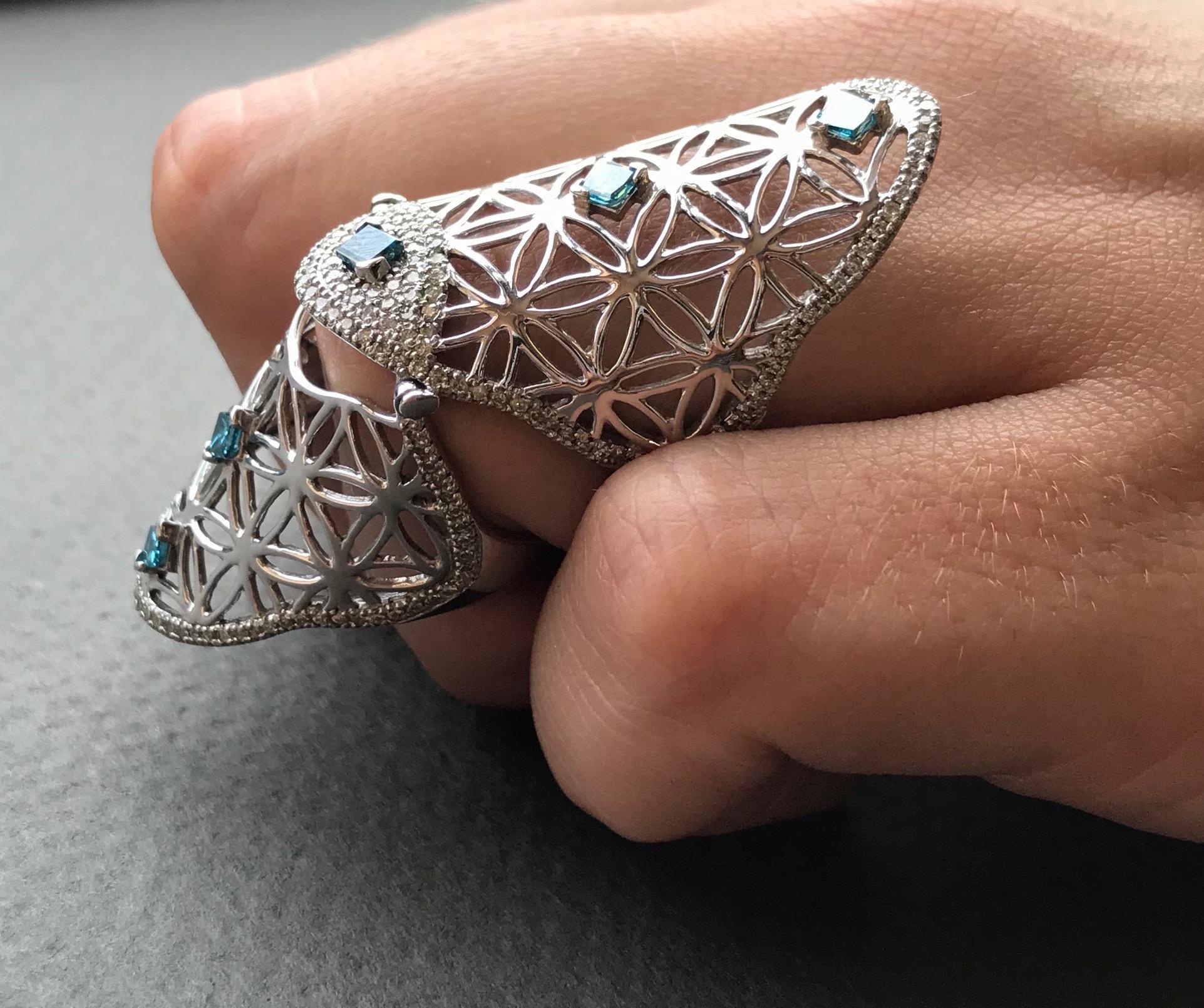 Round Cut Full Finger Fancy Blue Diamond Claw Ring
