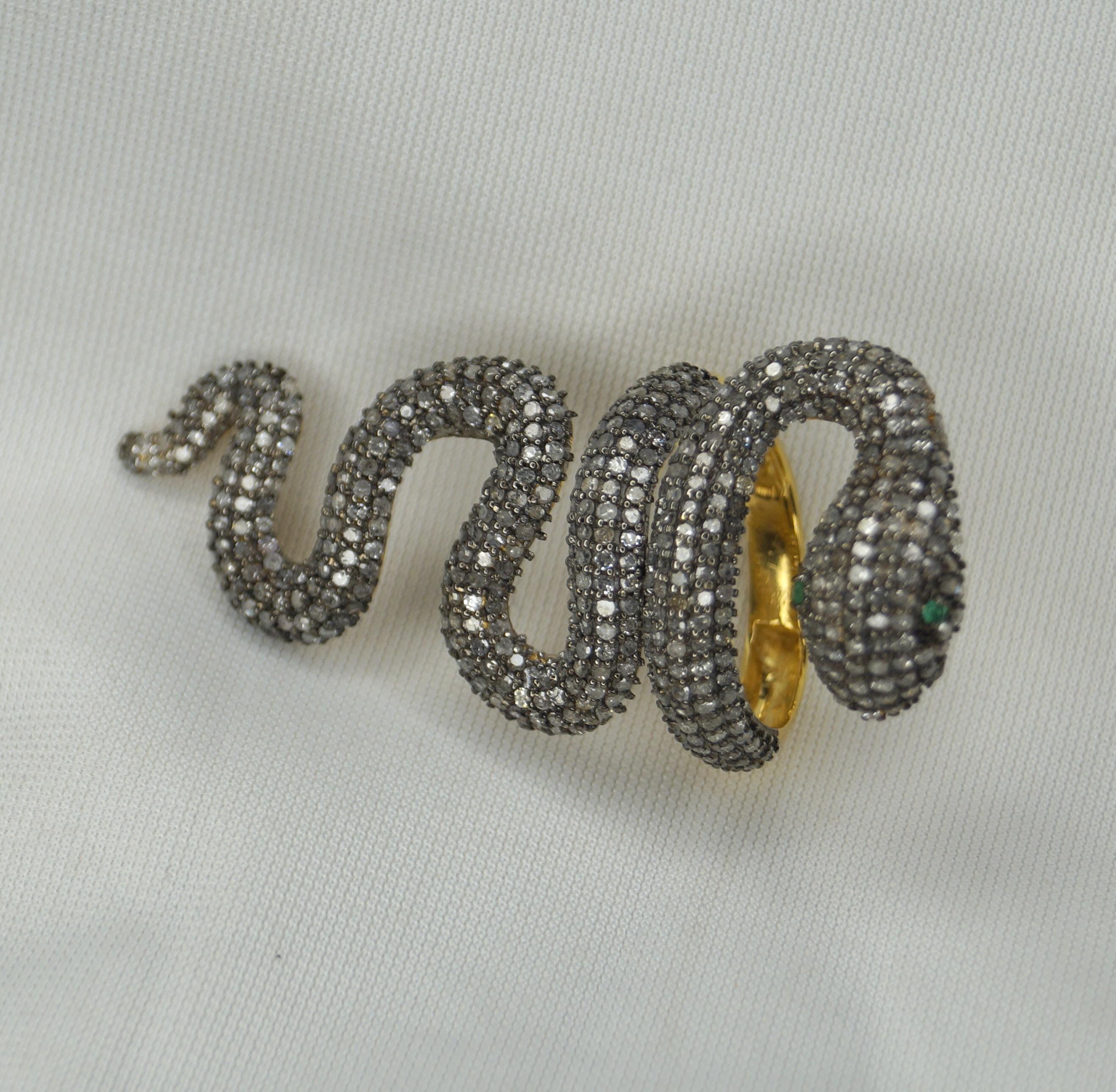 Rose Cut Full finger natural pave diamonds sterling silver oxidized snake serpent ring For Sale