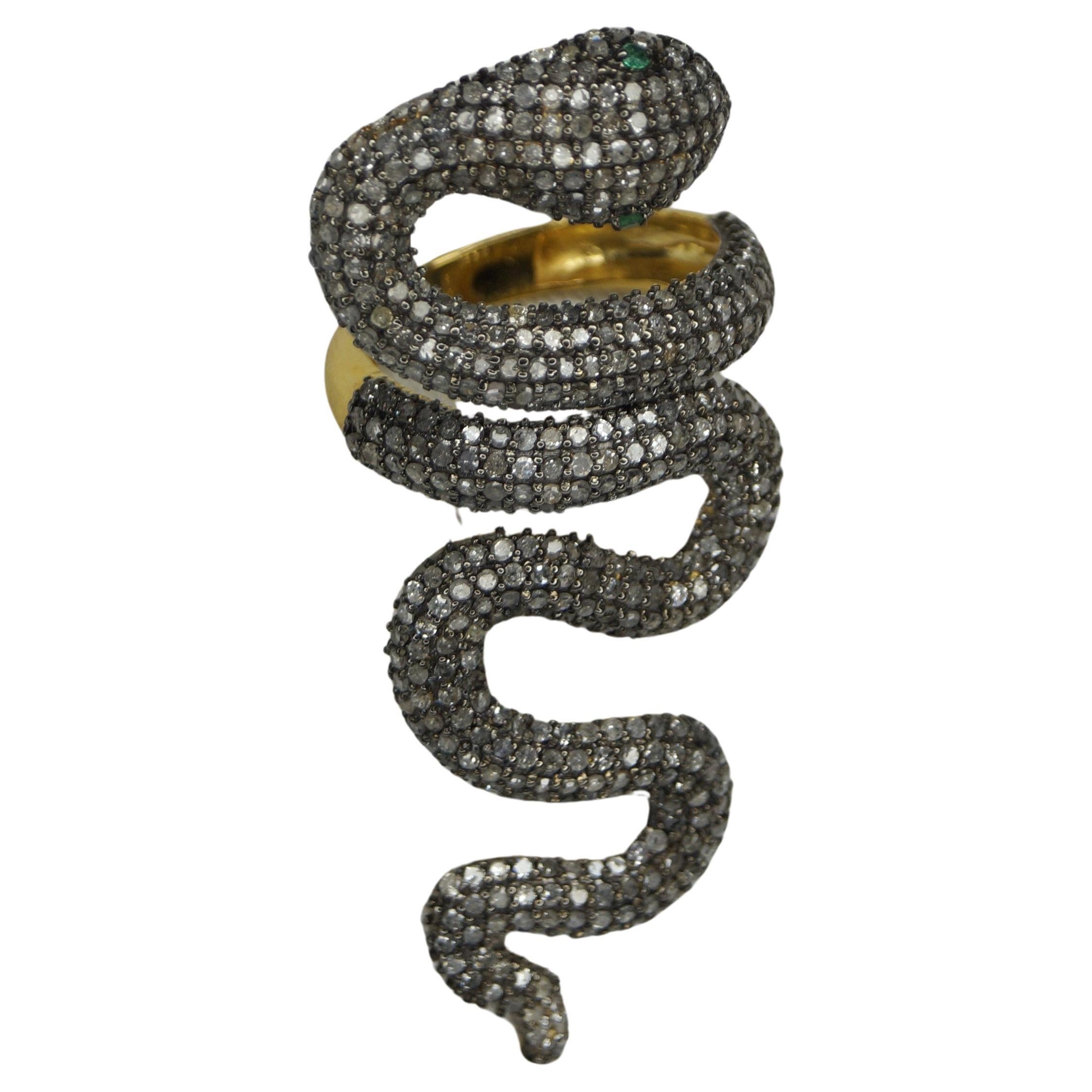 Full finger natural pave diamonds sterling silver oxidized snake serpent ring For Sale