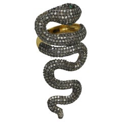 Vintage Full finger natural pave diamonds sterling silver oxidized snake serpent ring