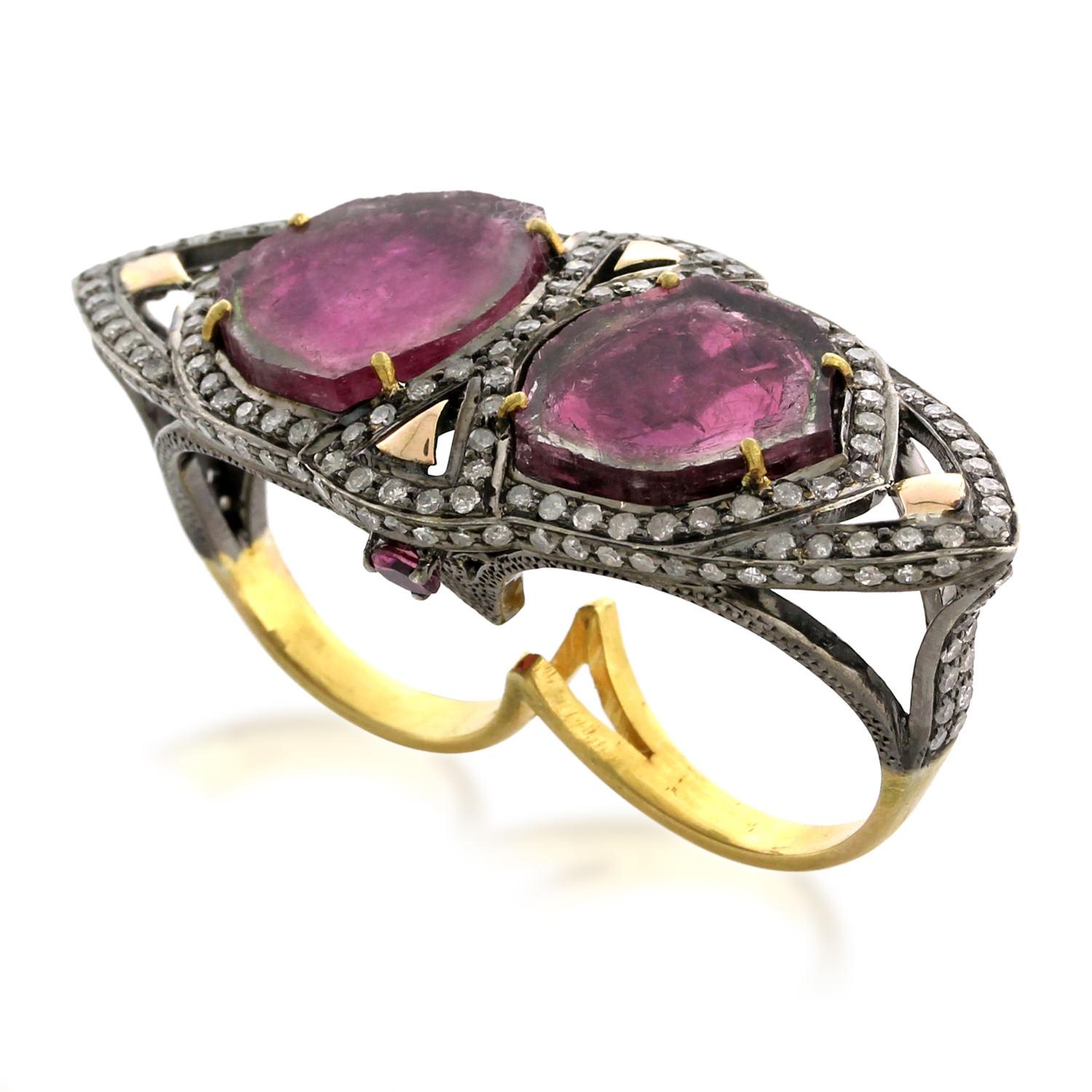 Art Deco Two Finger Ring with Center Water Tourmaline Stones Surrounded by Pave Diamonds For Sale