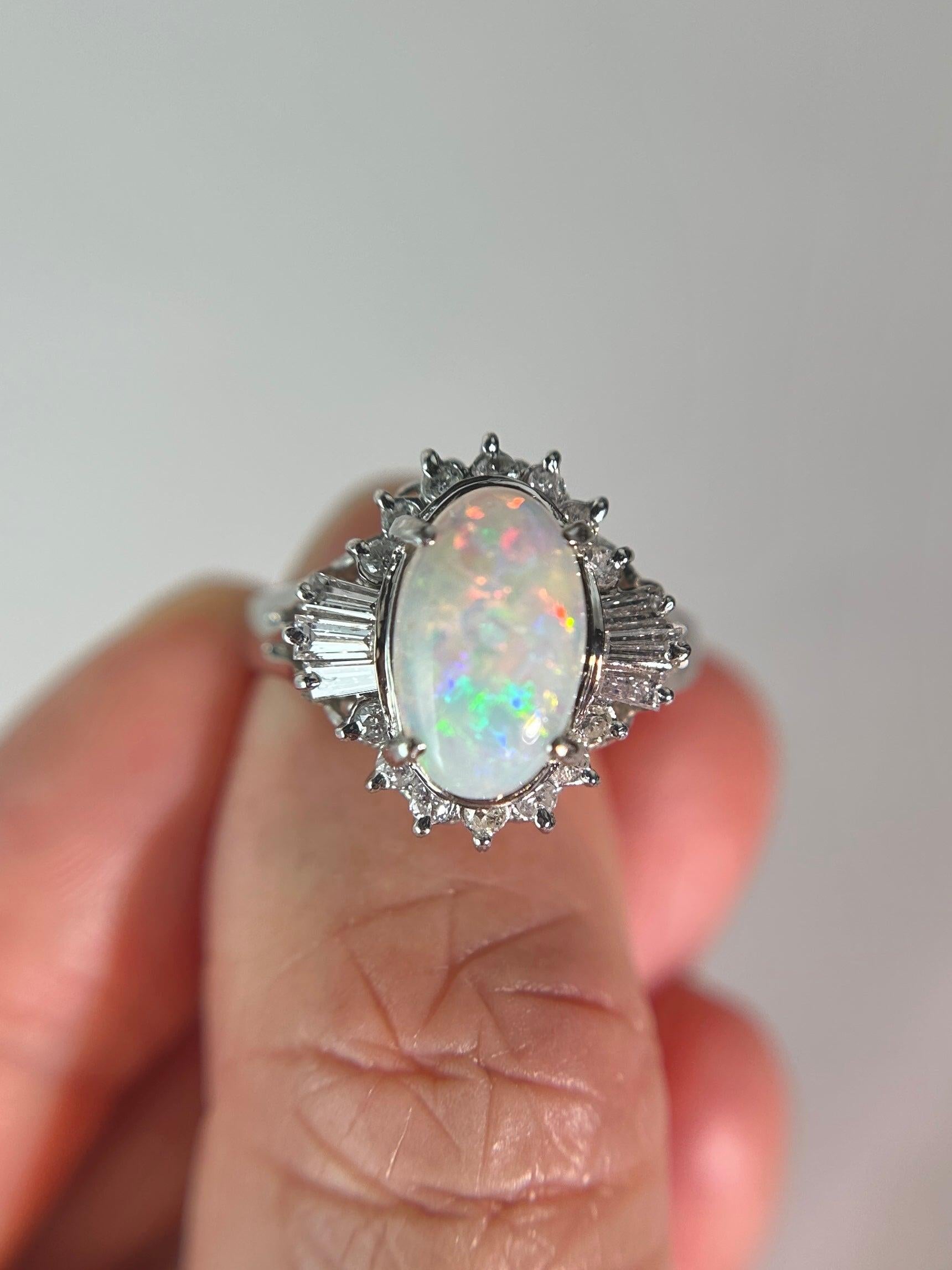 Full Fire Australian Opal with Diamond Halo Platinum Engagement Ring 7g V1159 In Good Condition For Sale In Osprey, FL