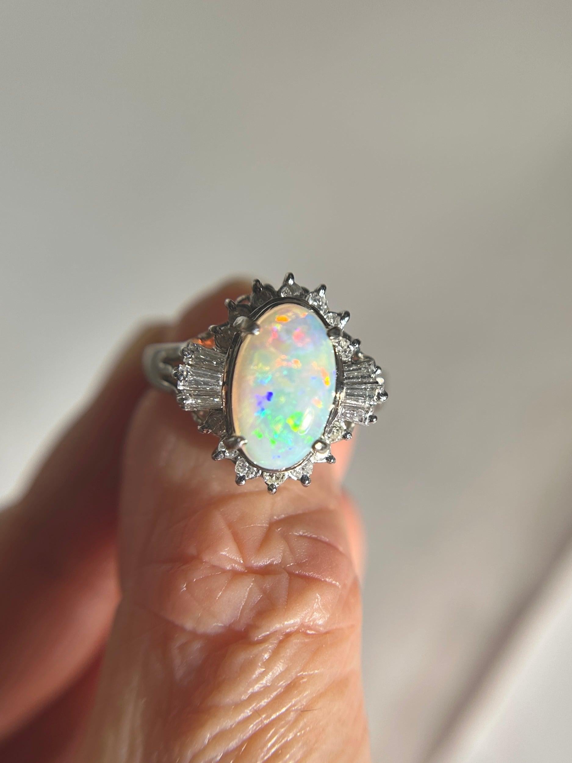Women's or Men's Full Fire Australian Opal with Diamond Halo Platinum Engagement Ring 7g V1159 For Sale