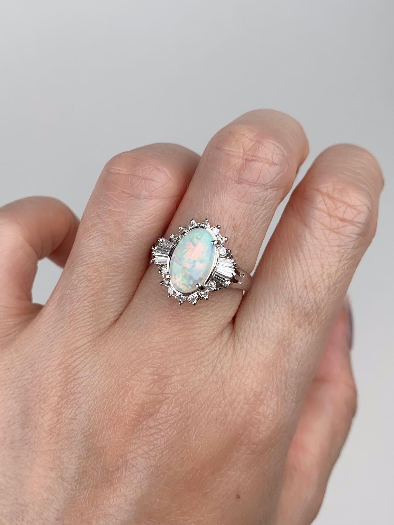 Full Fire Australian Opal with Diamond Halo Platinum Engagement Ring 7g V1159 For Sale 1