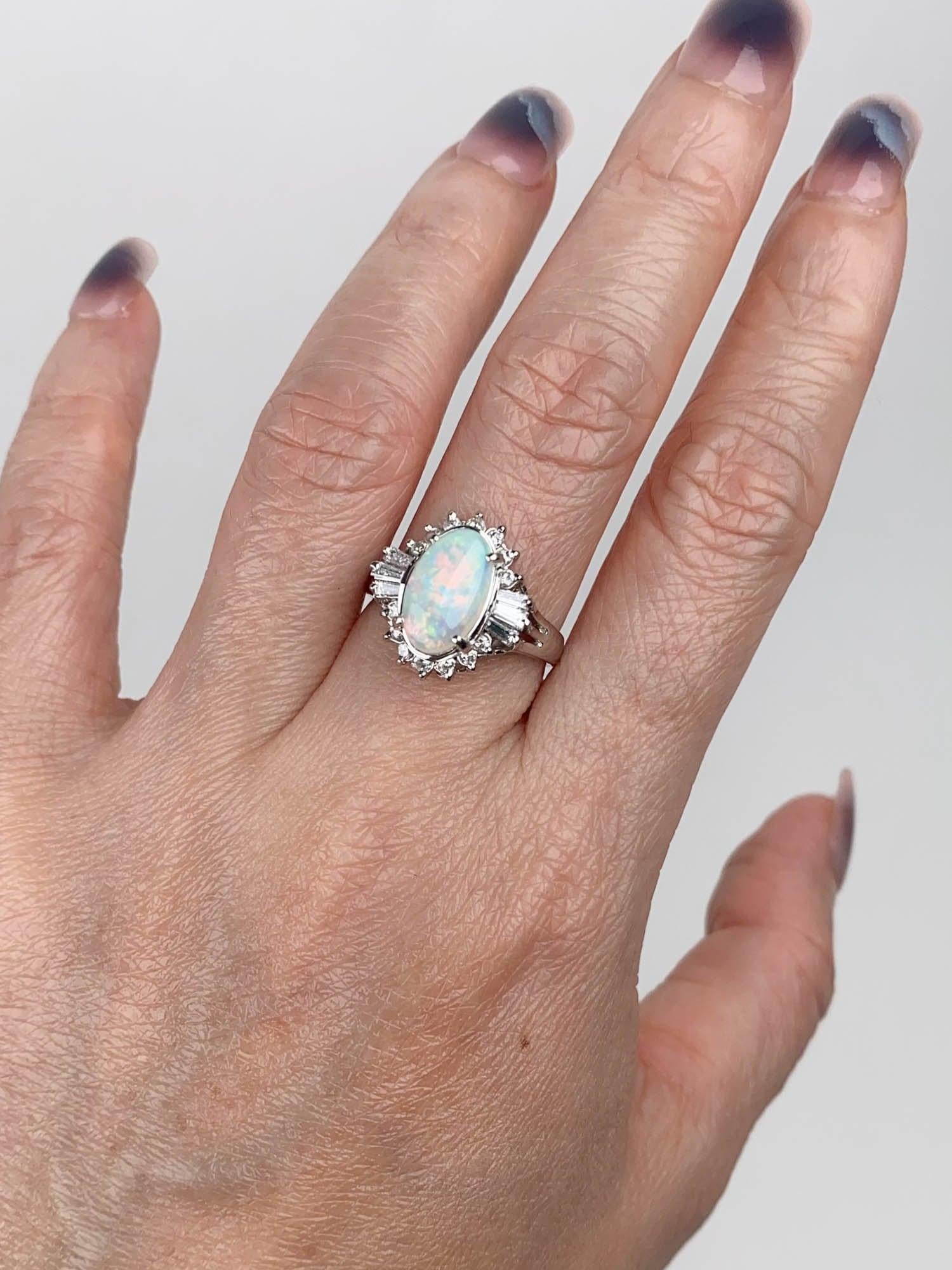 Full Fire Australian Opal with Diamond Halo Platinum Engagement Ring 7g V1159 For Sale 2