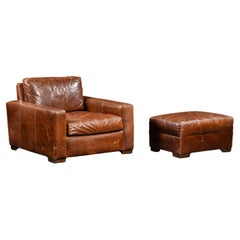 Sedia da club e ottomana in pelle pieno fiore in marrone di RH