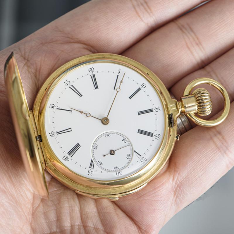 Full Hunter 18CT Yellow Gold Swiss Quarter Repeater Pocket Watch Circa 1890 For Sale 2