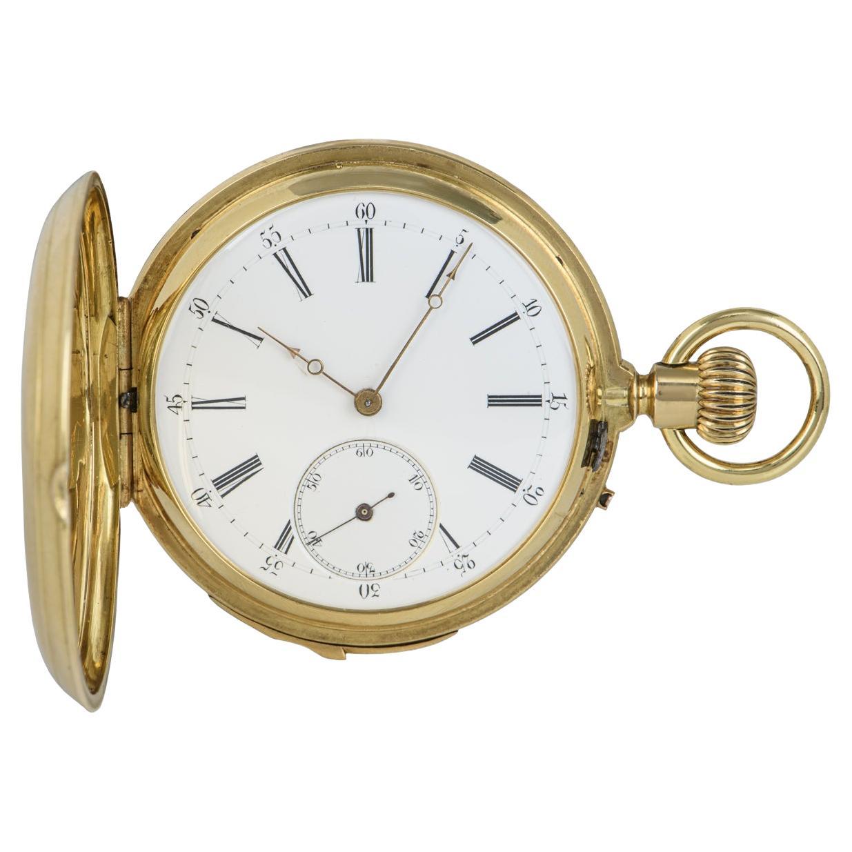 Full Hunter 18CT Yellow Gold Swiss Quarter Repeater Pocket Watch Circa 1890 For Sale