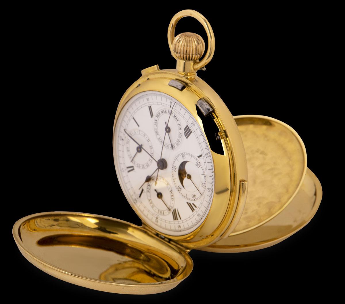 A 55mm 18k Yellow Gold Full Hunter Minute Repeating Calendar Vintage Gents Pocket Watch, white enamel dial with roman numerals, month at 3 0'clock, moonphase display and small seconds at 6 0'clock, day at 9 0'clock, date at 12 0'clock, blued steel