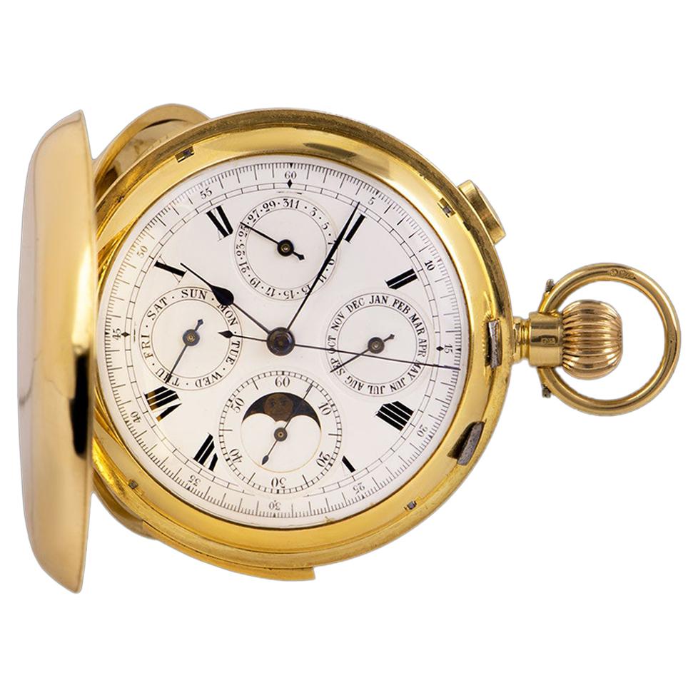 Full Hunter Minute Repeating Calendar Pocket Watch Vintage Gents 18k Yellow Gold