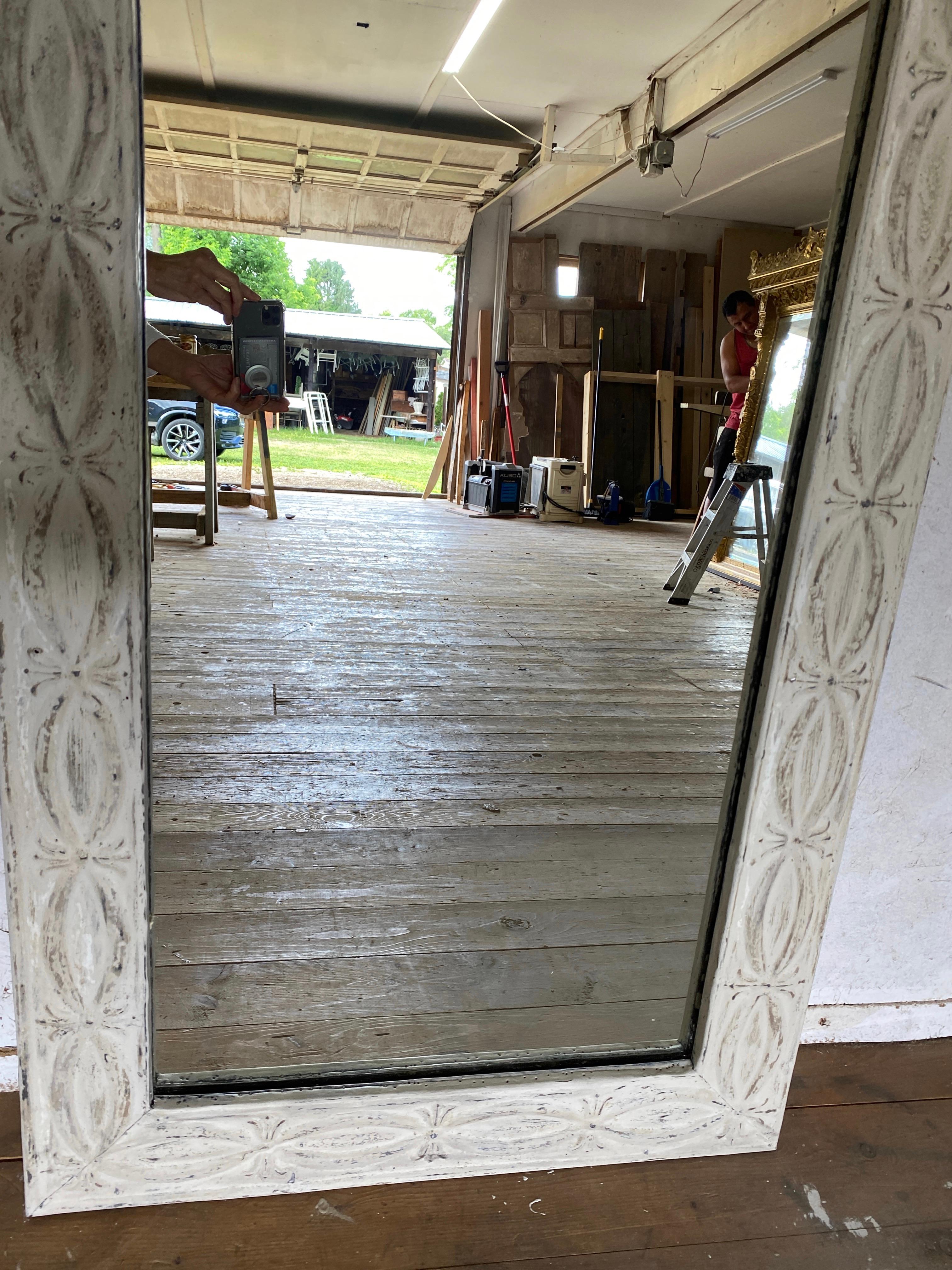 White washed rustic Industrial style full length floor mirror, frame made with antique tin ceiling tiles in the classical fish design.  Wonderful aged patina adding style, fun and character to any room, decor or style.
Search terms:  floor mirror,