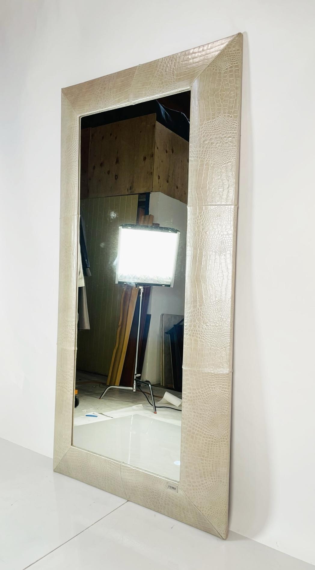 Modern Full Length Mirror Embossed in Leather by Fendi