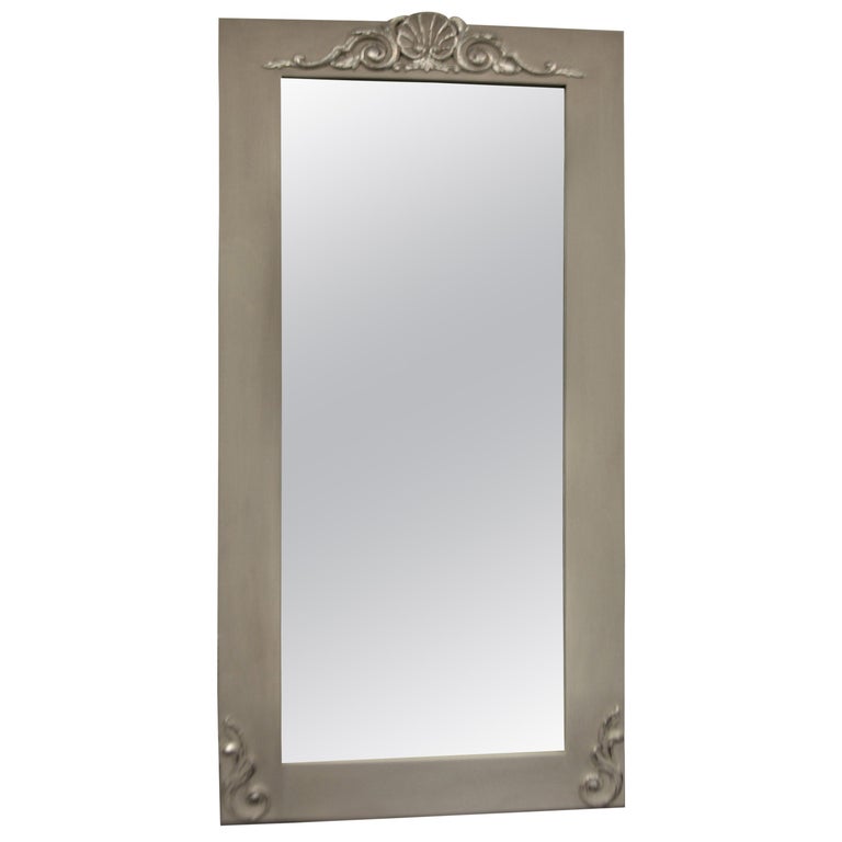 Full Length Pale Grey Painted Standing Mirror With Hand Carved Details At Top