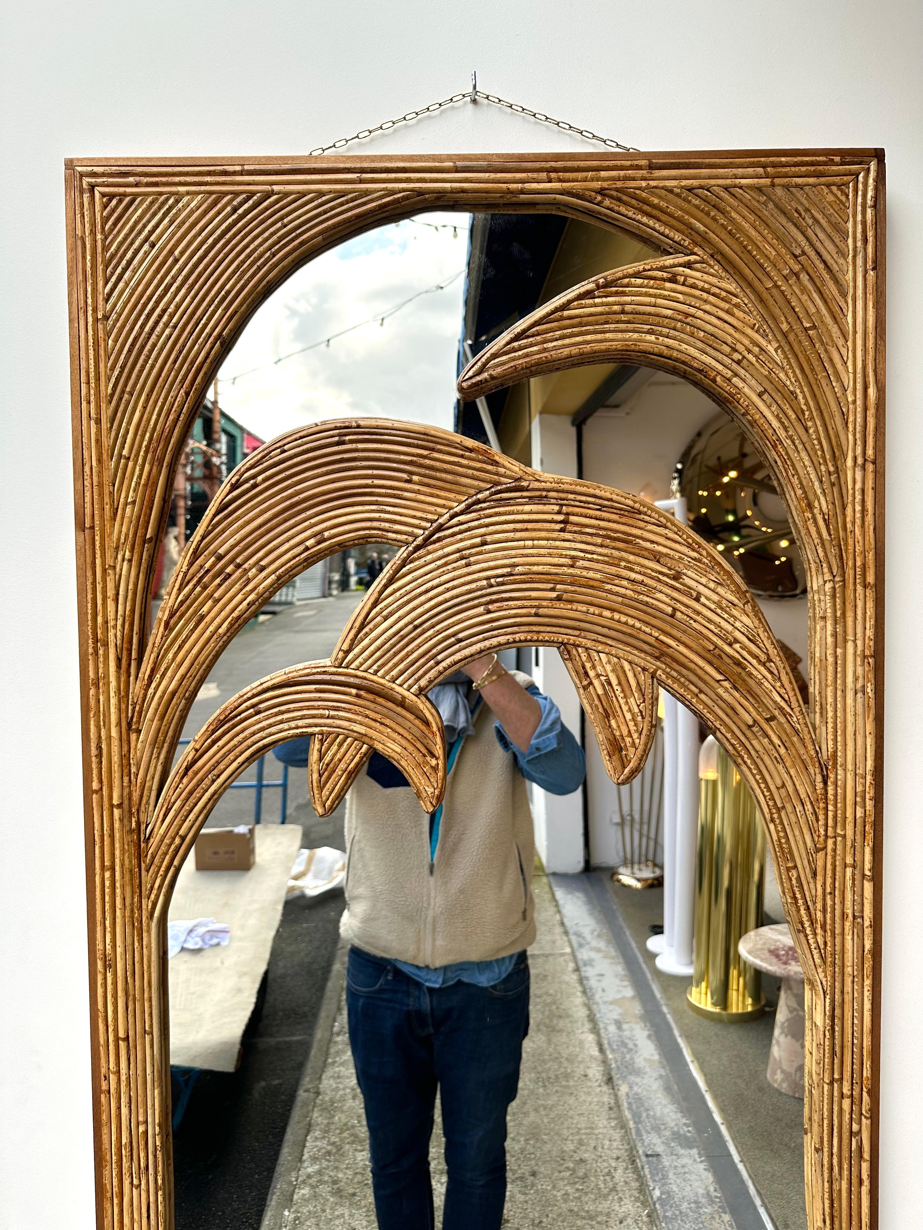 Mid-Century Modern Full-Length Rattan Palm Tree Mirror by Vivai Del Sud. Italy, 1970s