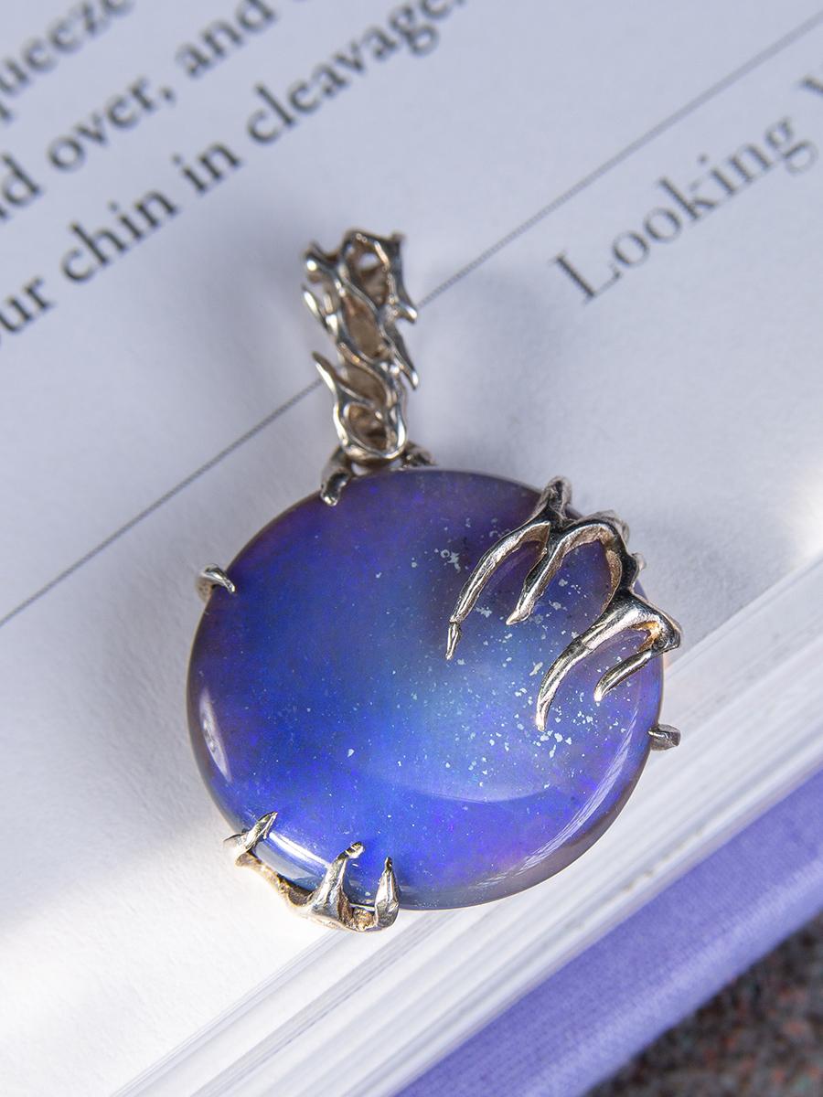 Full Moon Black Opal Silver Pendant Natural Neon Purple Gem Australian For Sale 5