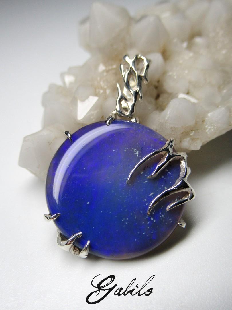 Full Moon Black Opal Silver Pendant Natural Neon Purple Gem Australian For Sale 8