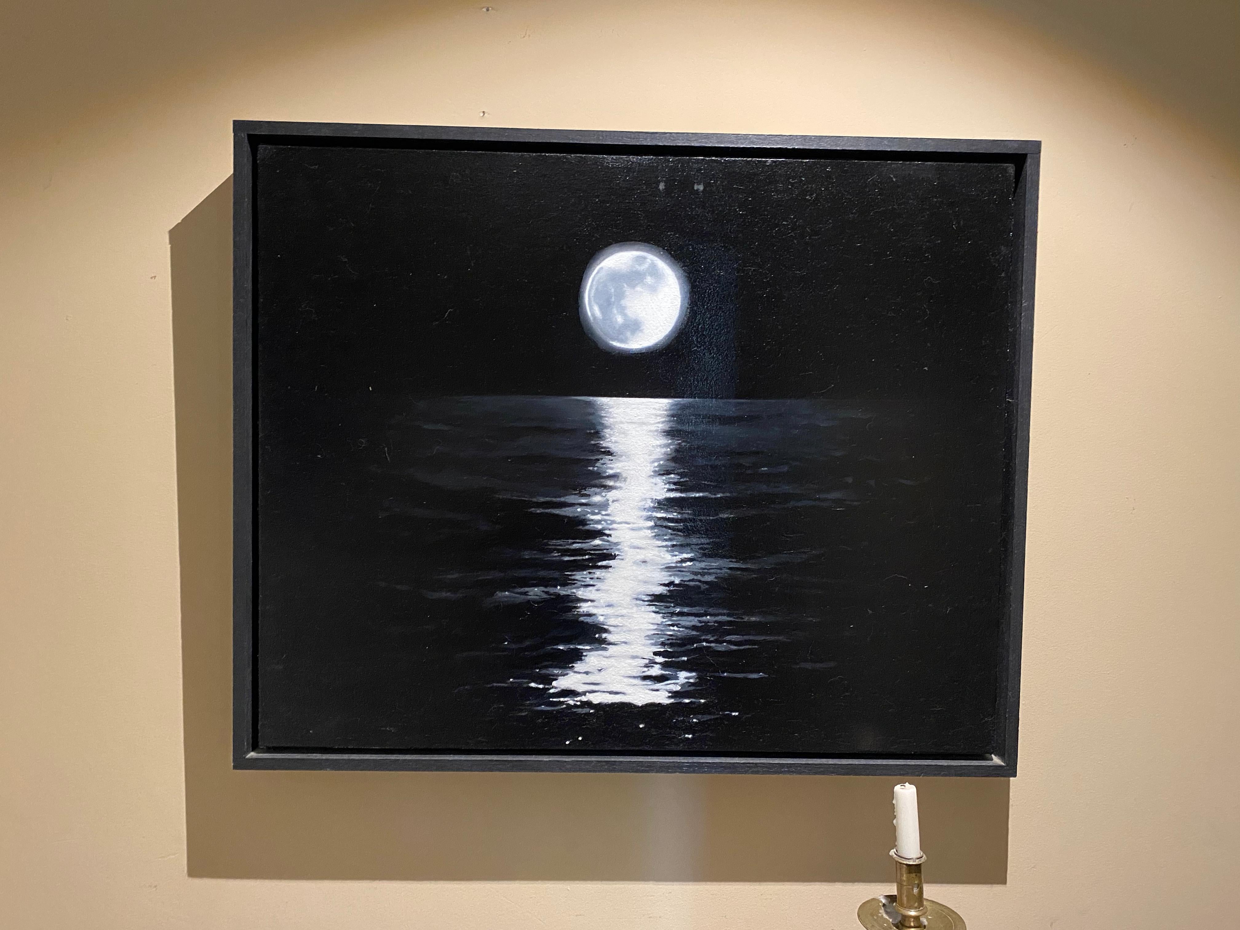 Oil painting of the moon, by late artiste David Cox, the painting is a powerful suggestion of the moon rising over a large body of water, the painting is captivating and very unique, the frame was done by the artist himself.