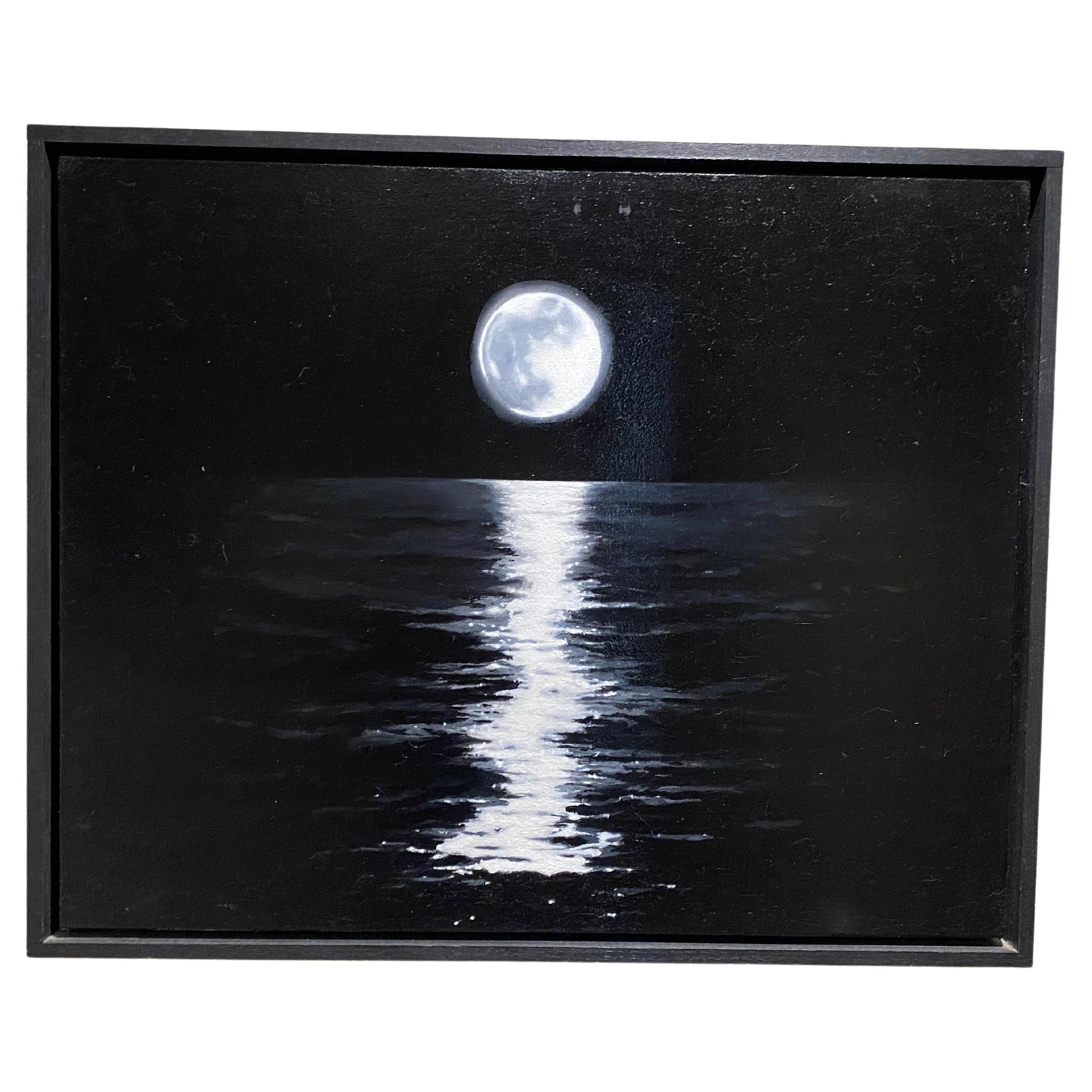 Peinture à l'huile « Full Moon over the Sea » en noir et blanc, David COX
