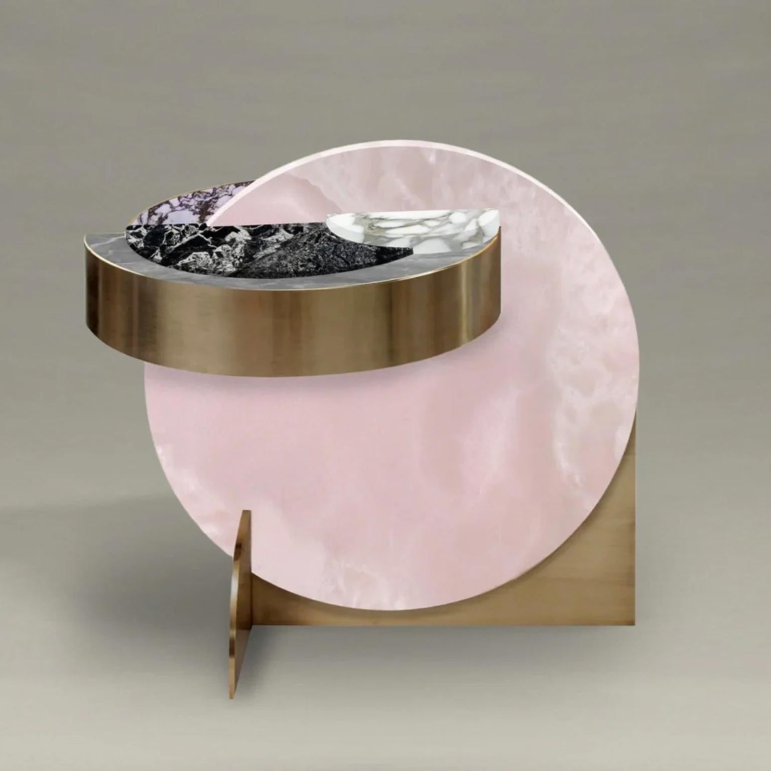 Full Moon Snow Side Table by Bohinc Studio
Limited Edition of 10 Pieces.
Dimensions: D 65 x W 65 x H 60 cm. 
Materials: Brushed or oxidized brushed brass, Calacatta Viola, Pink Onyx, Arabescato Corchia, Nero Anticon and Fior Di Bosco.

There are