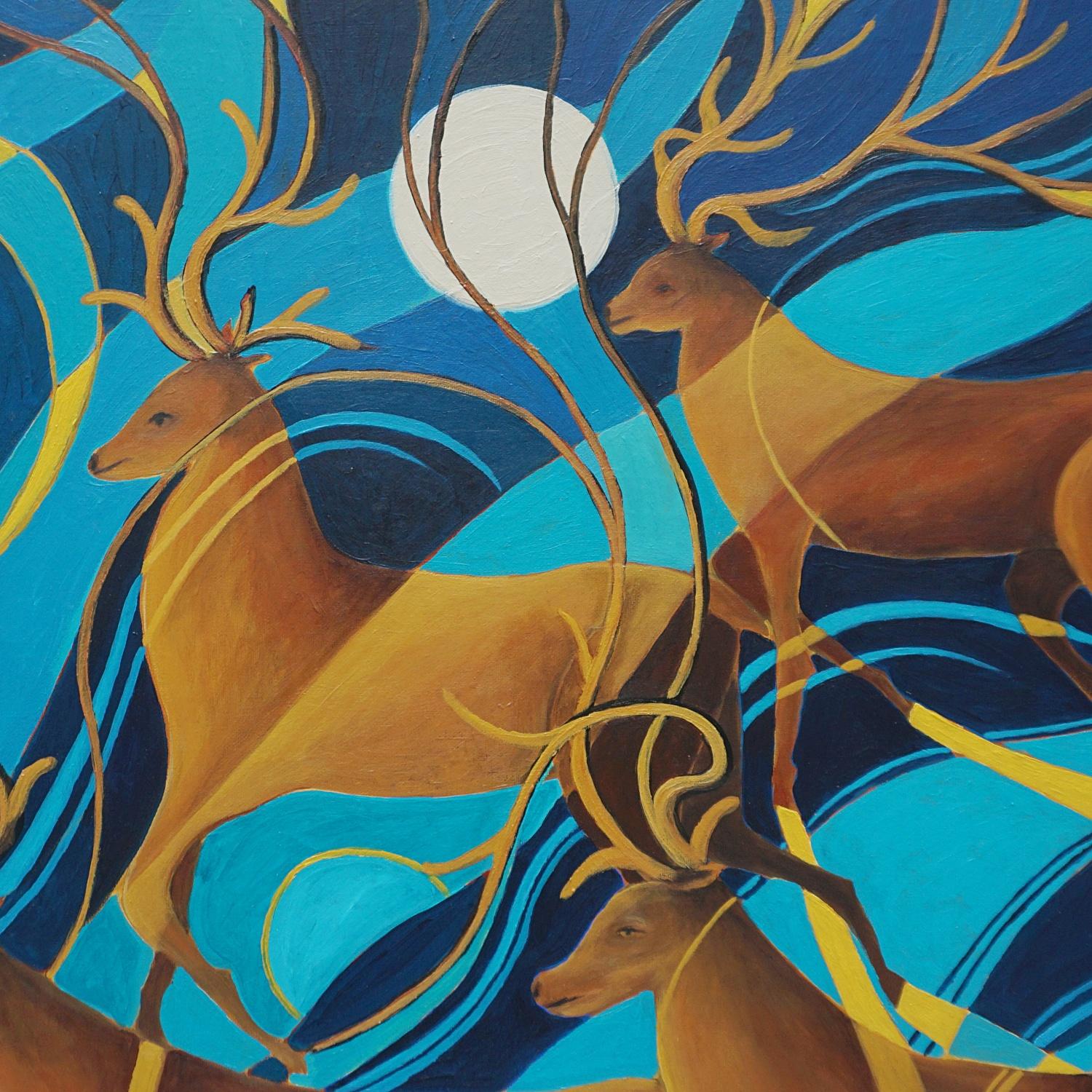 'Full Moon With Deer' An Art Deco style contemporary painting by Vera Jefferson depicting galloping deer amongst a stylised background. Signed V Jefferson to lower right. 

Dimensions: H 94.5cm W 94.5cm

 Vera Jefferson trained at Goldsmiths