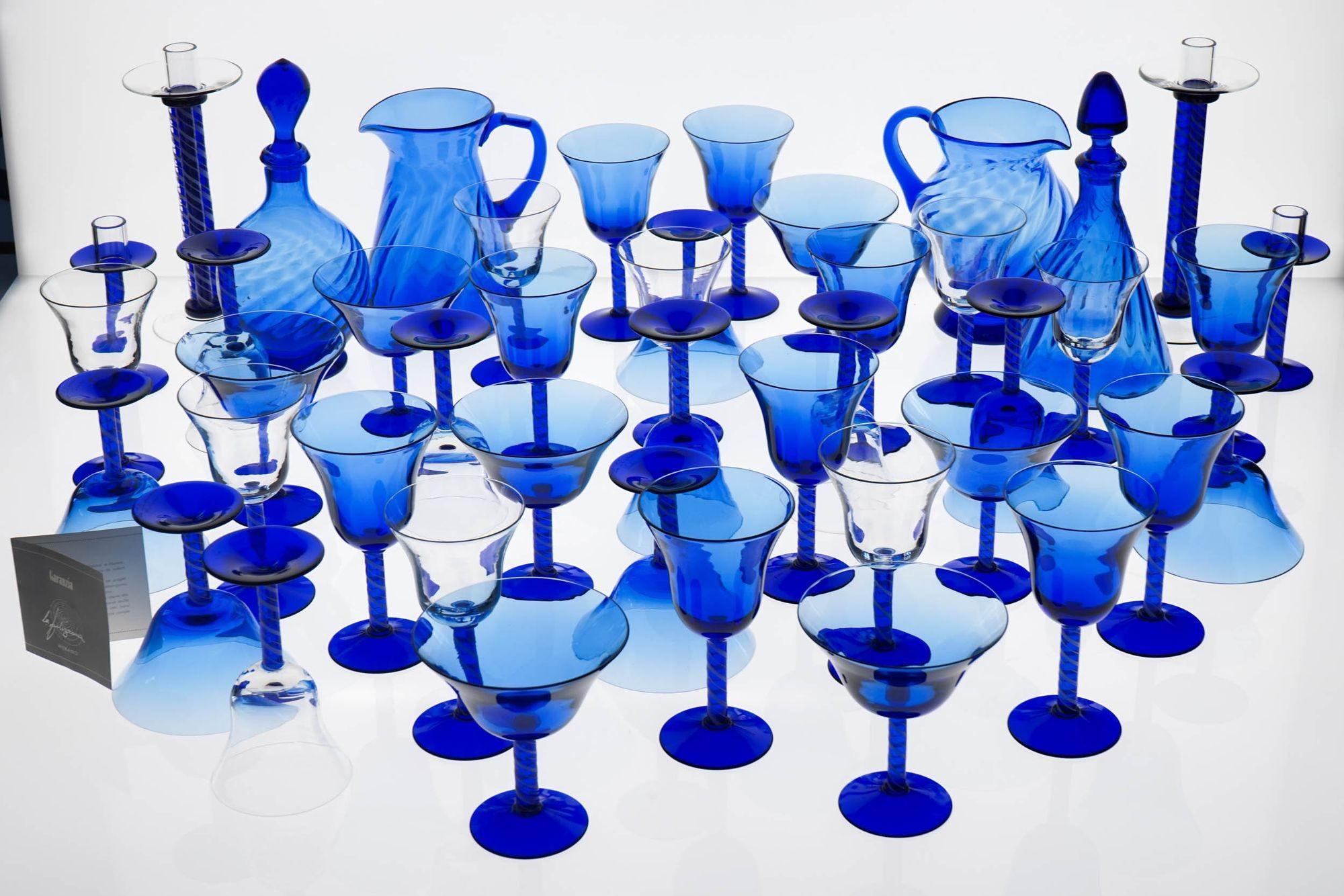 Full Murano Glass Set for 12, La Filigrana, Cobalt Blue-Zanfirico, Rare find 6