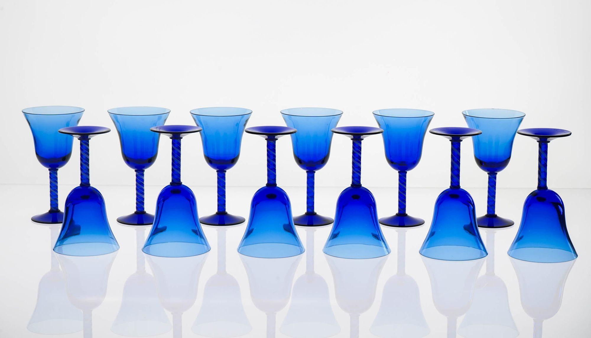 Full Murano Glass Set for 12, La Filigrana, Cobalt Blue-Zanfirico, Rare find 8