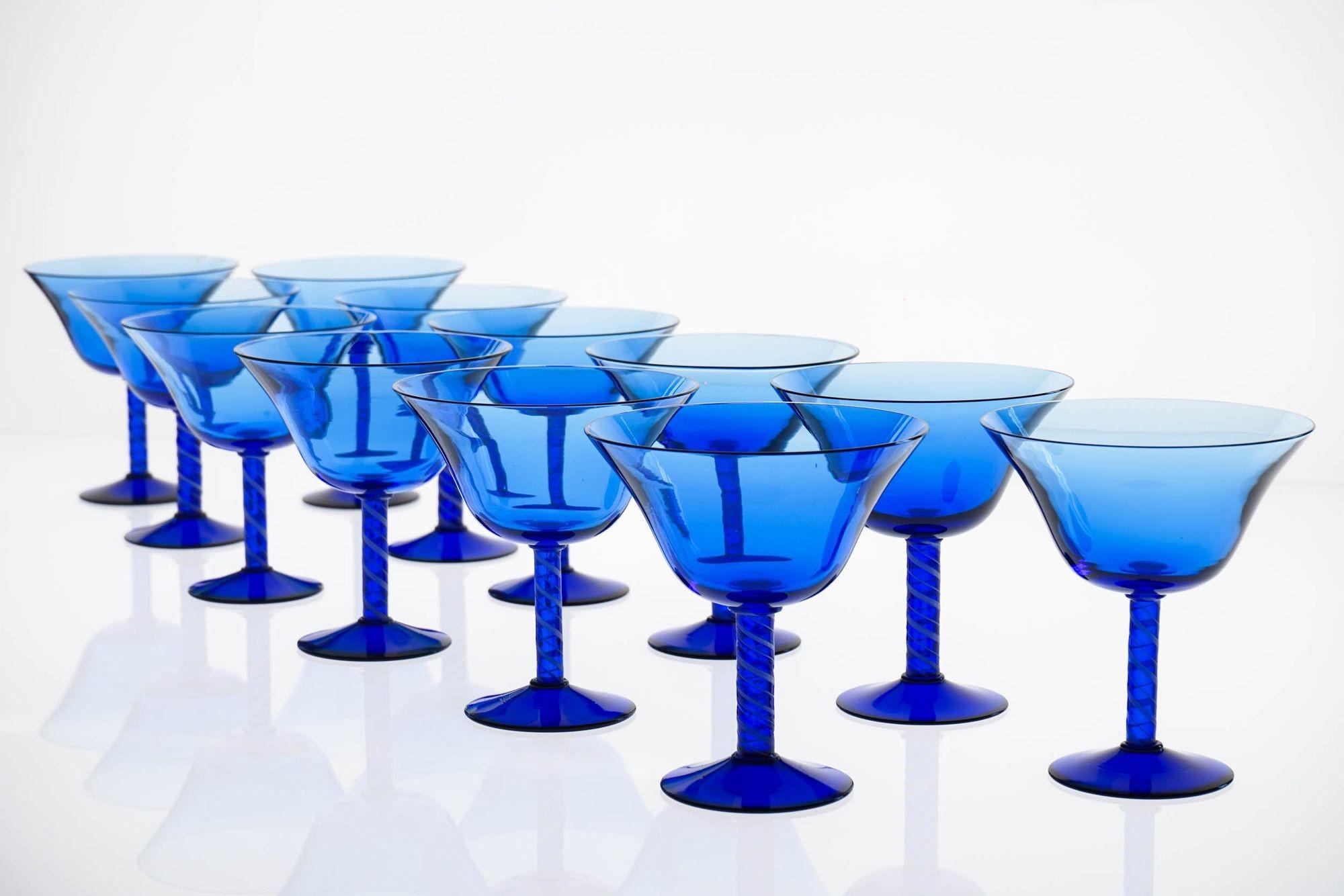 Full Murano Glass Set for 12, La Filigrana, Cobalt Blue-Zanfirico, Rare find 10