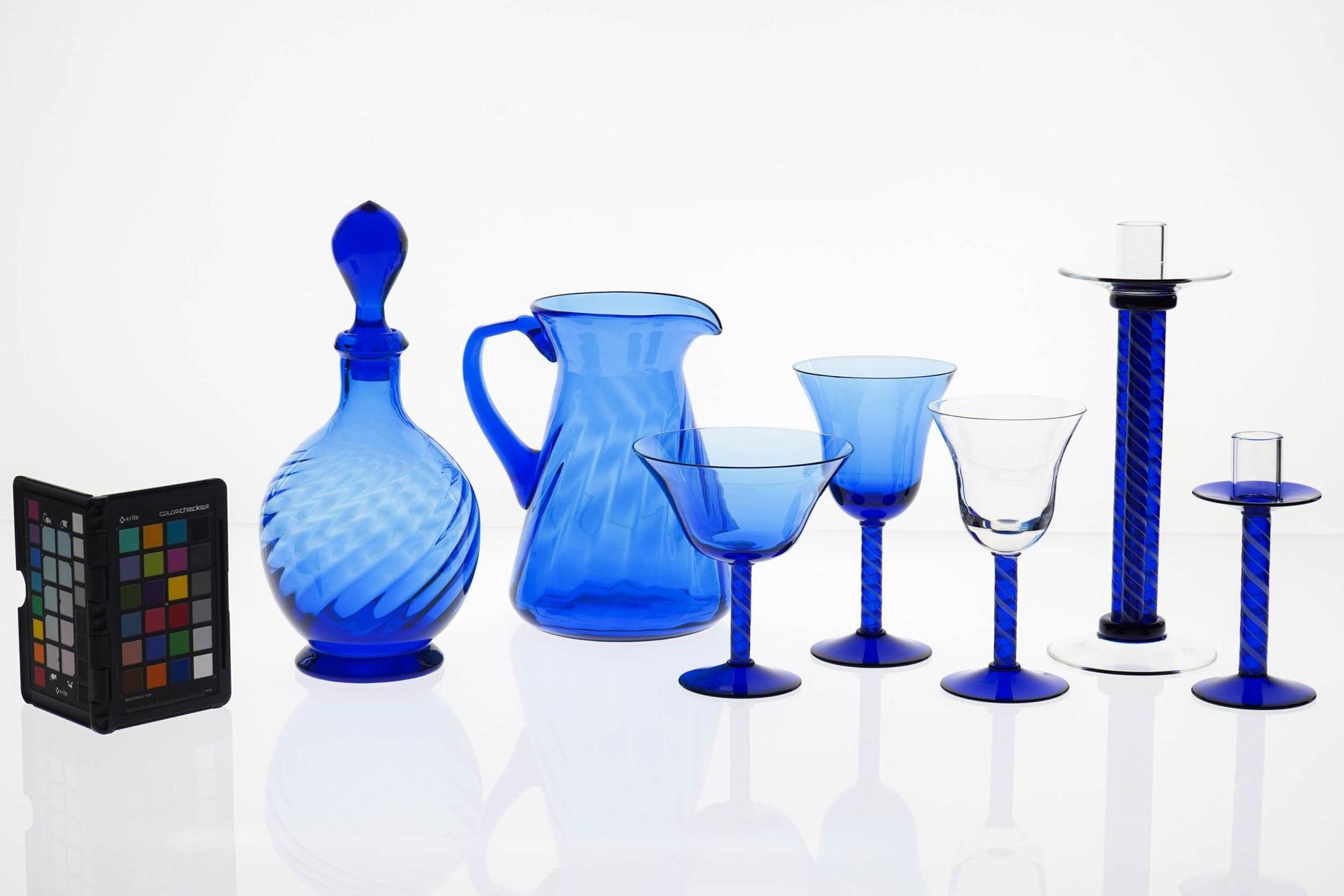 Mid-Century Modern Full Murano Glass Set for 12, La Filigrana, Cobalt Blue-Zanfirico, Rare find