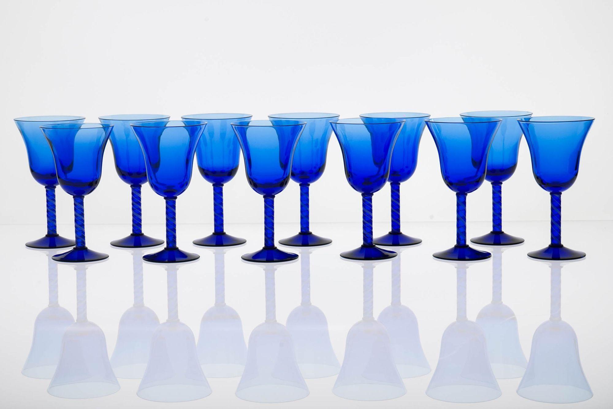 Hand-Carved Full Murano Glass Set for 12, La Filigrana, Cobalt Blue-Zanfirico, Rare find