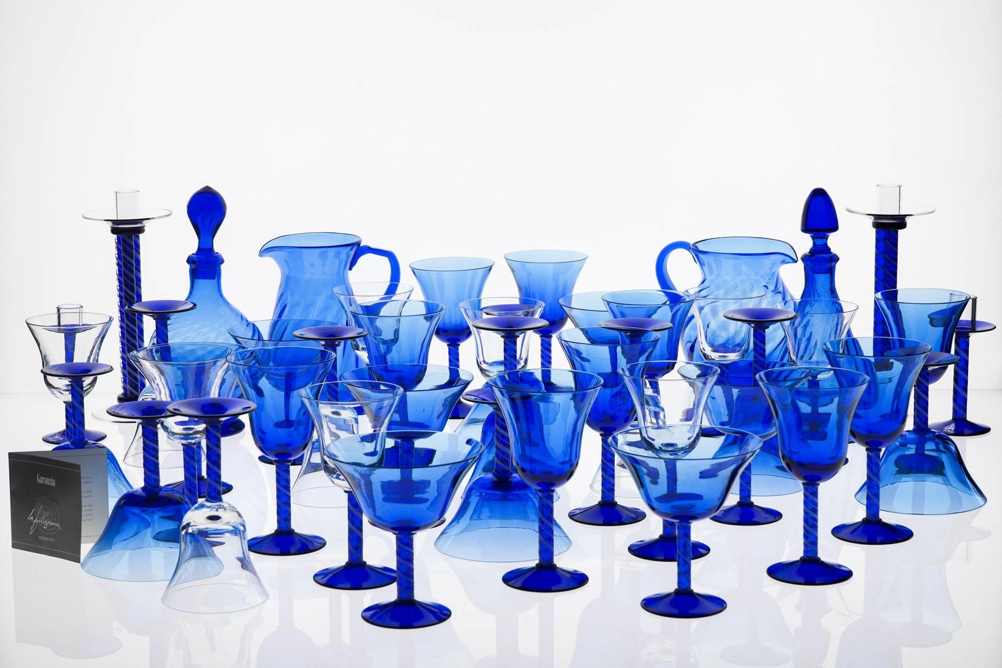 Full Murano Glass Set for 12, La Filigrana, Cobalt Blue-Zanfirico, Rare find 2